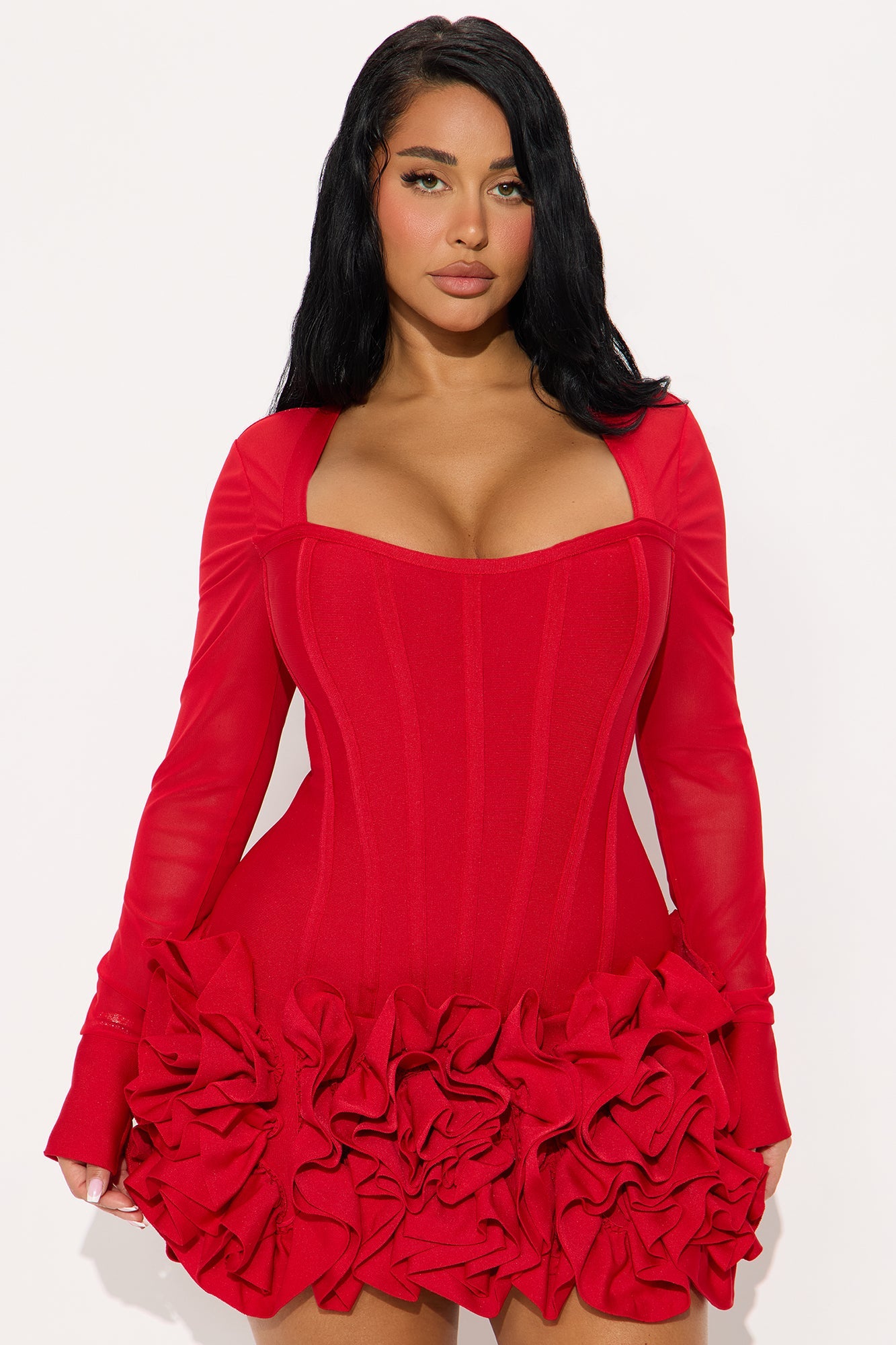 Blessed Beauty Long Sleeve Ruffle Rosette Bandage Mini Dress - Red