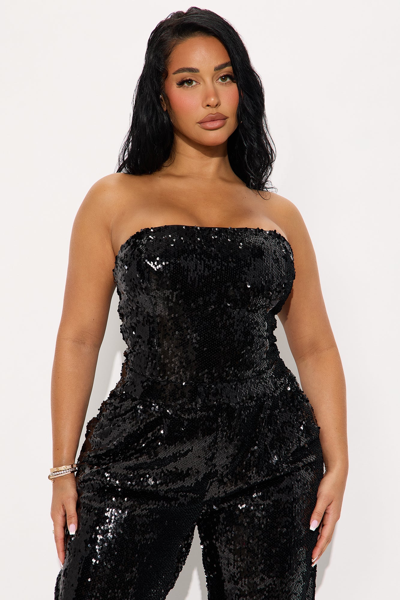 Lulu Sequin Strapless Wide Leg Jumpsuit - Black