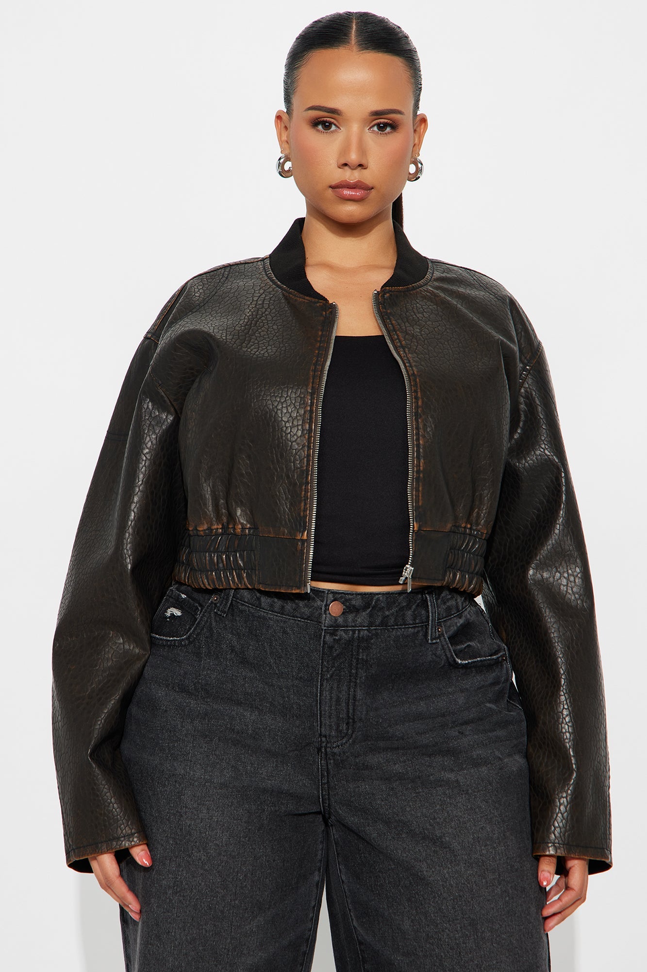 Hailey Cropped Washed Faux Leather Bomber Jacket - Brown
