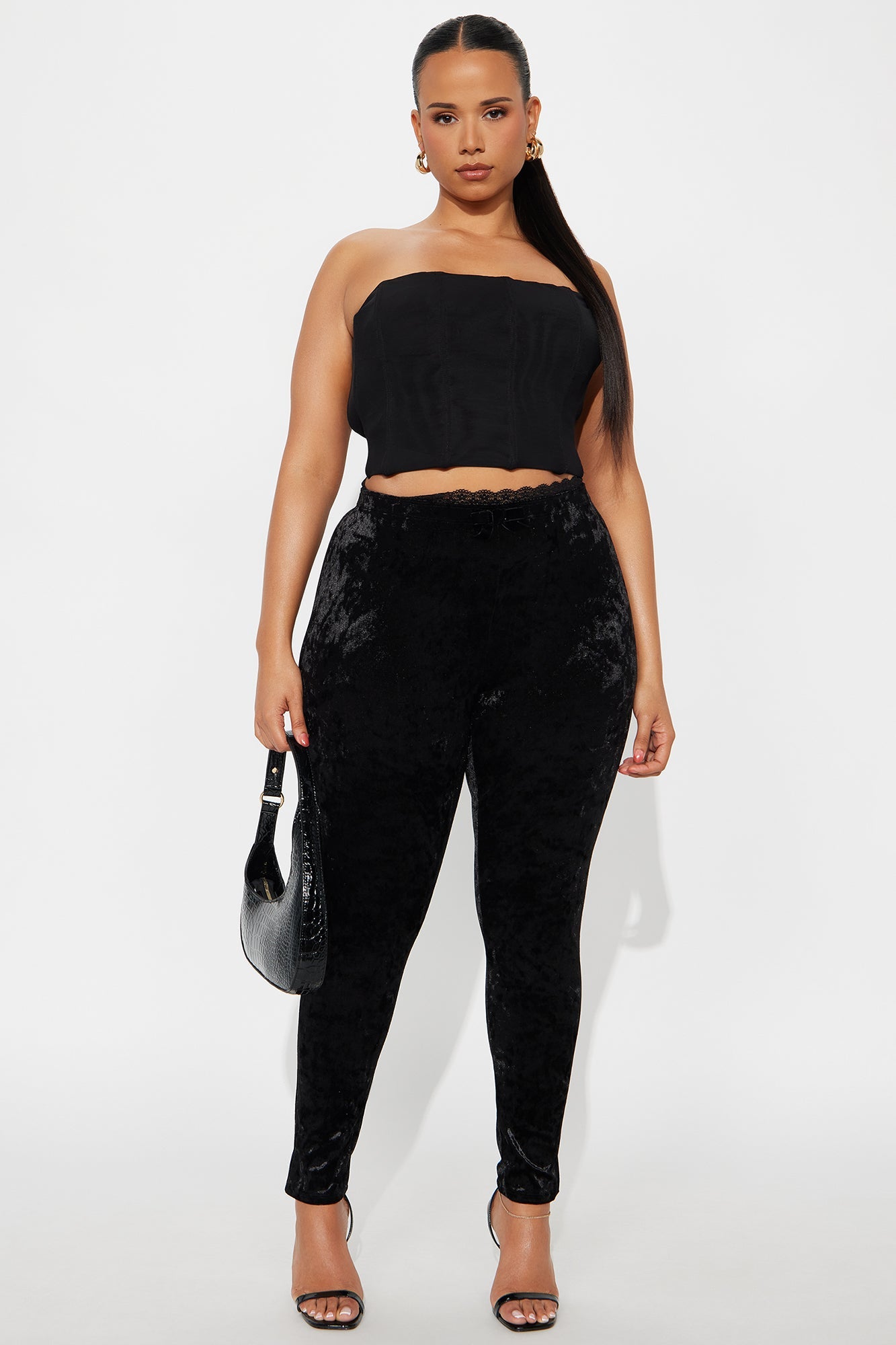 Valentina Solid Lace Trim Hammered Velvet Legging - Black