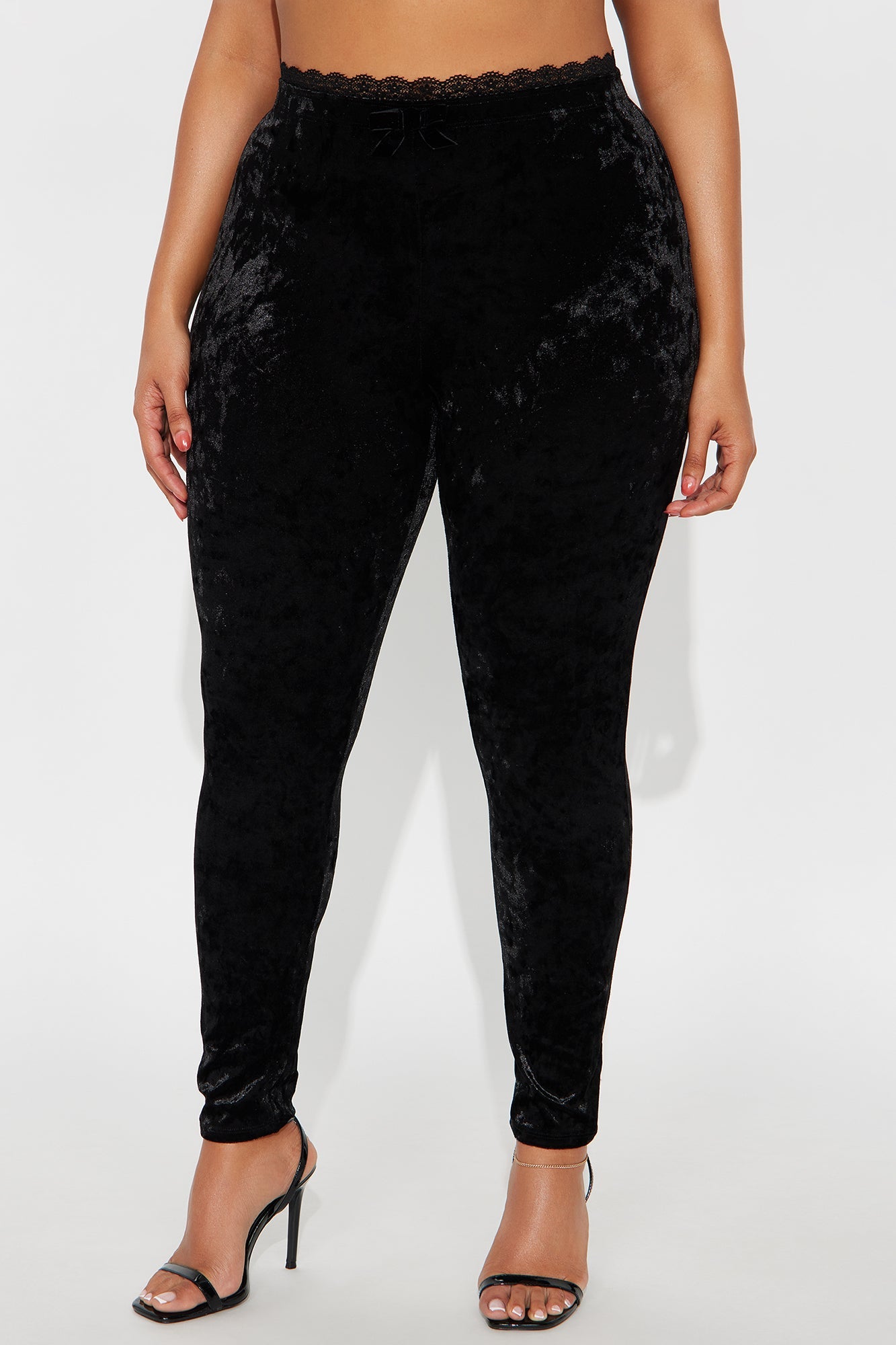 Valentina Solid Lace Trim Hammered Velvet Legging - Black