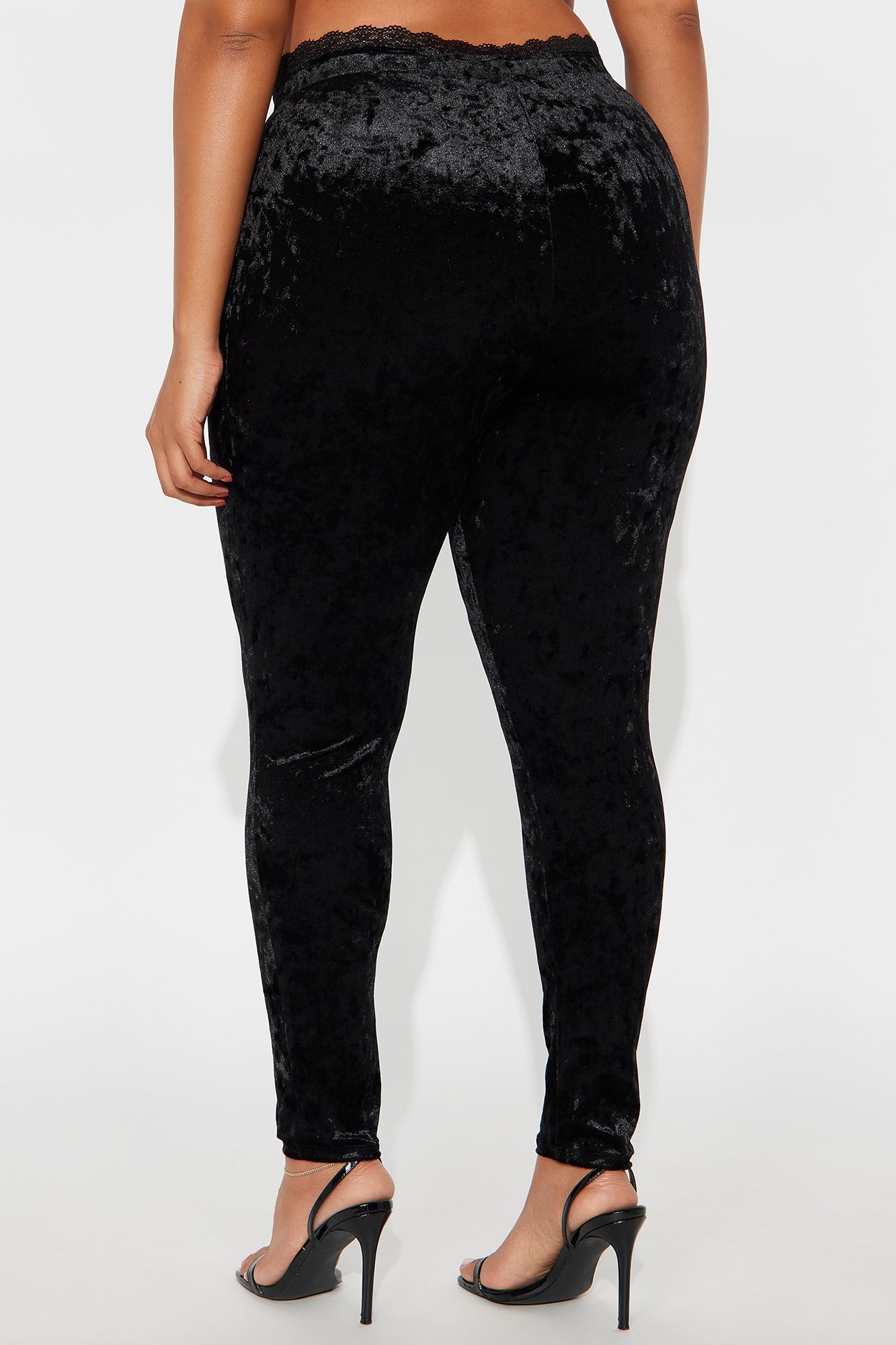 Valentina Solid Lace Trim Hammered Velvet Legging - Black