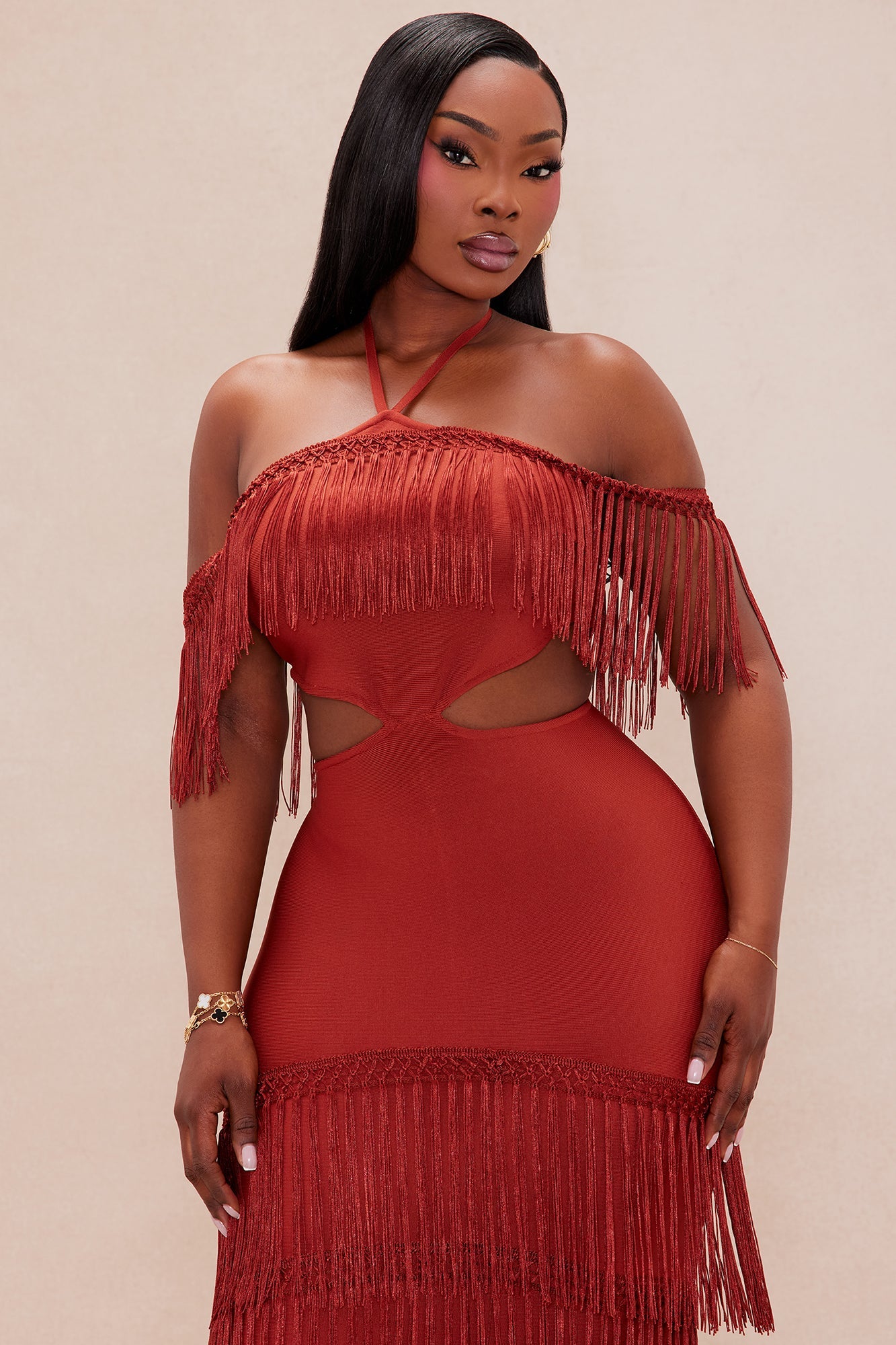 Narissa Fringe Maxi Dress - Rust