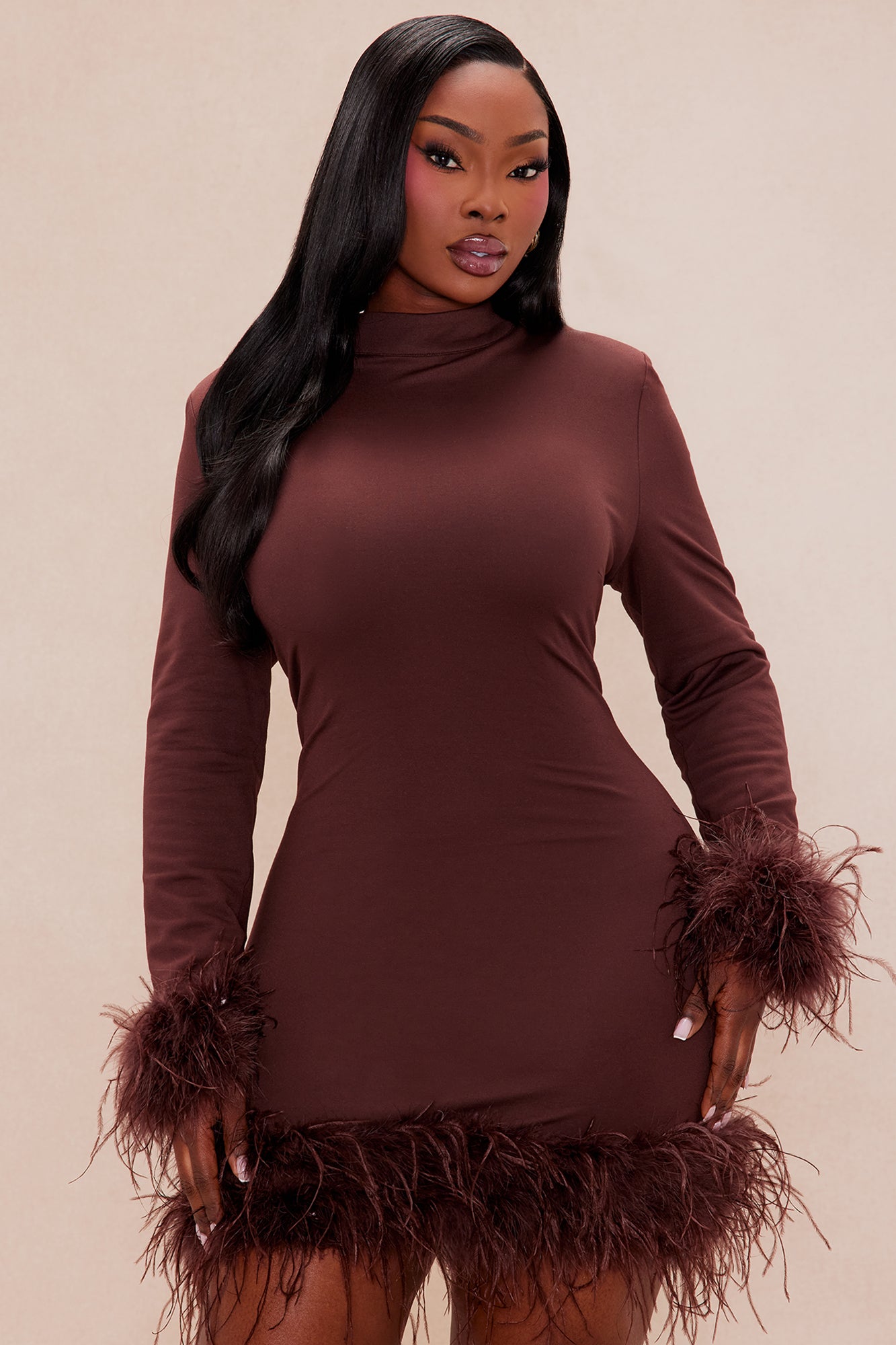 Cora Feathered Turtle Neck Mini Dress - Chocolate