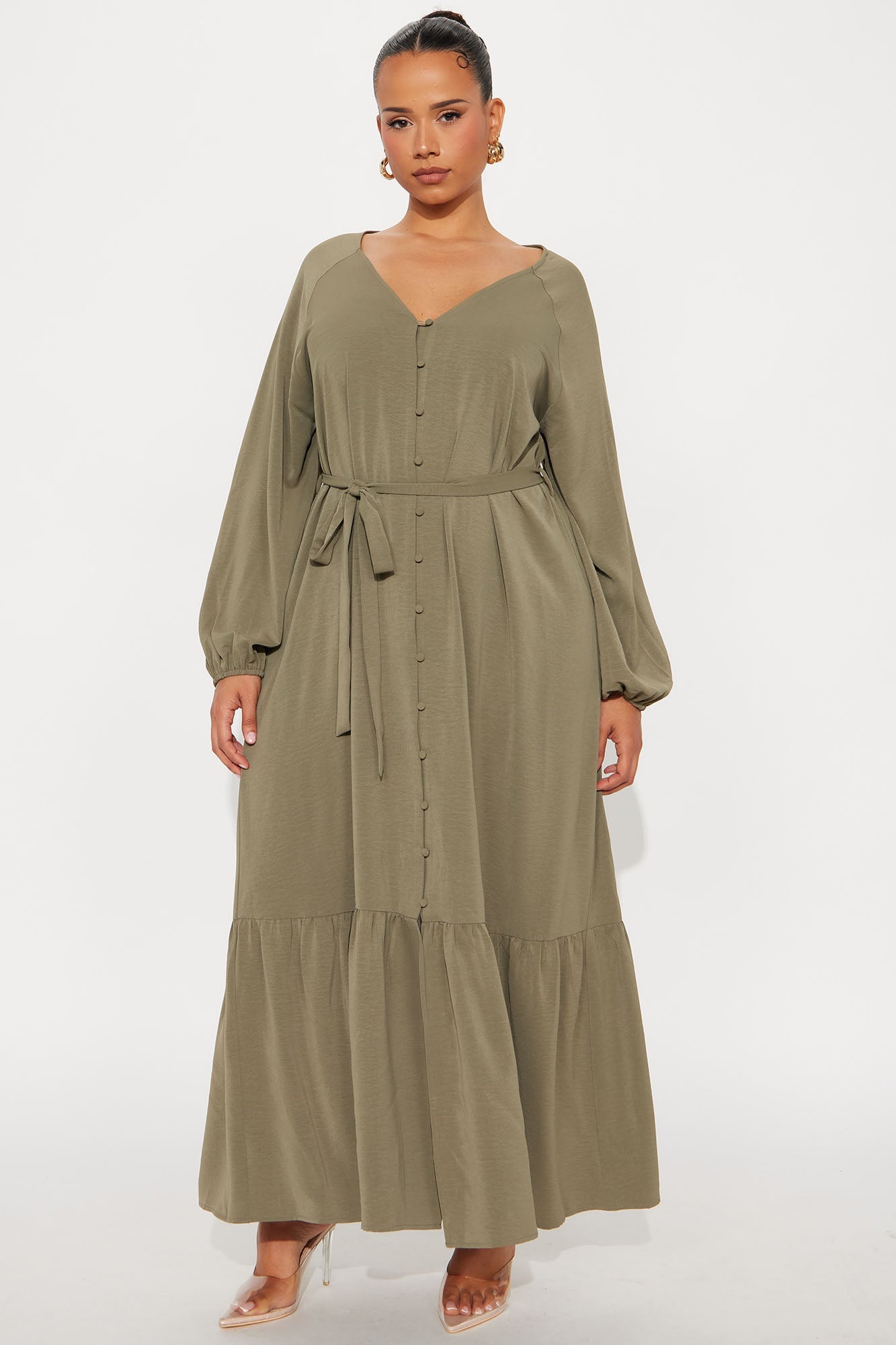 Swaying Long Sleeve Maxi Dress - Olive