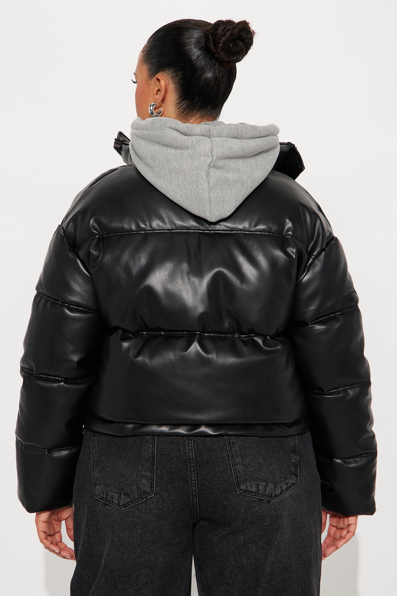 Blake Layered Faux Leather Puffer Jacket - Black/combo