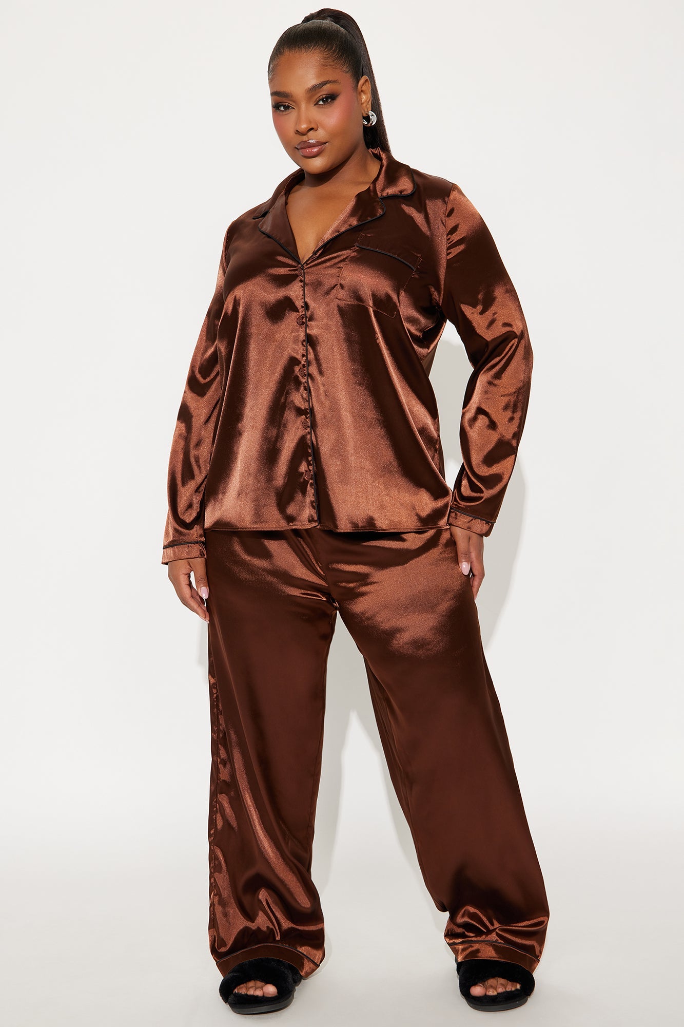 Bedtime Stretch Satin Long Sleeve PJ Pant Set - Chocolate