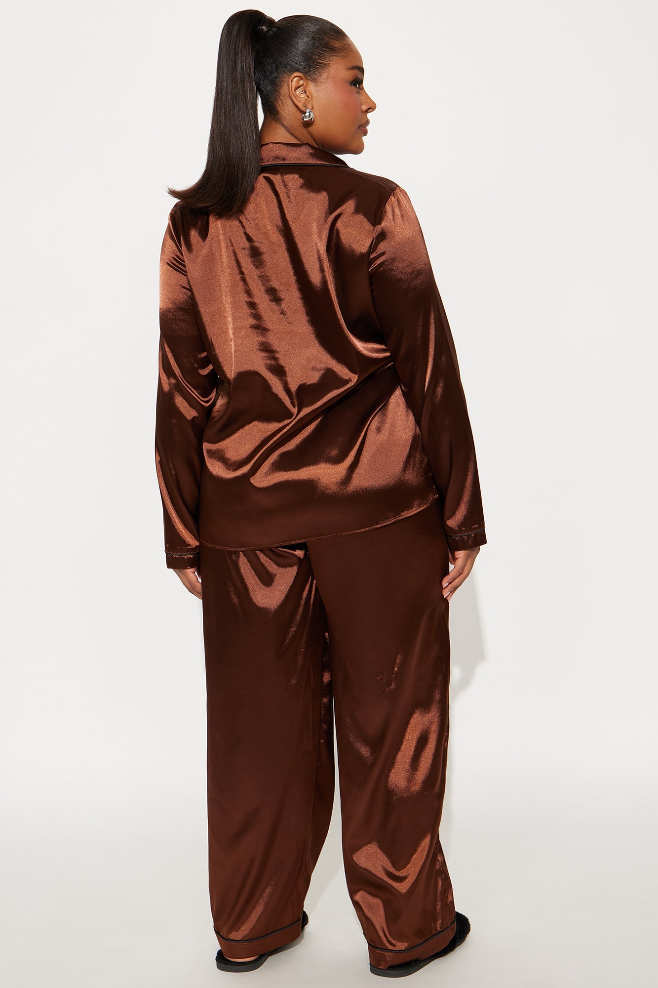 Bedtime Stretch Satin Long Sleeve PJ Pant Set - Chocolate