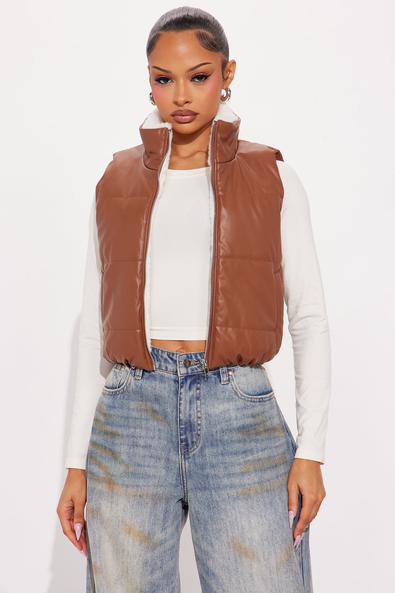 Dana Faux Leather Puffer Vest - Cognac