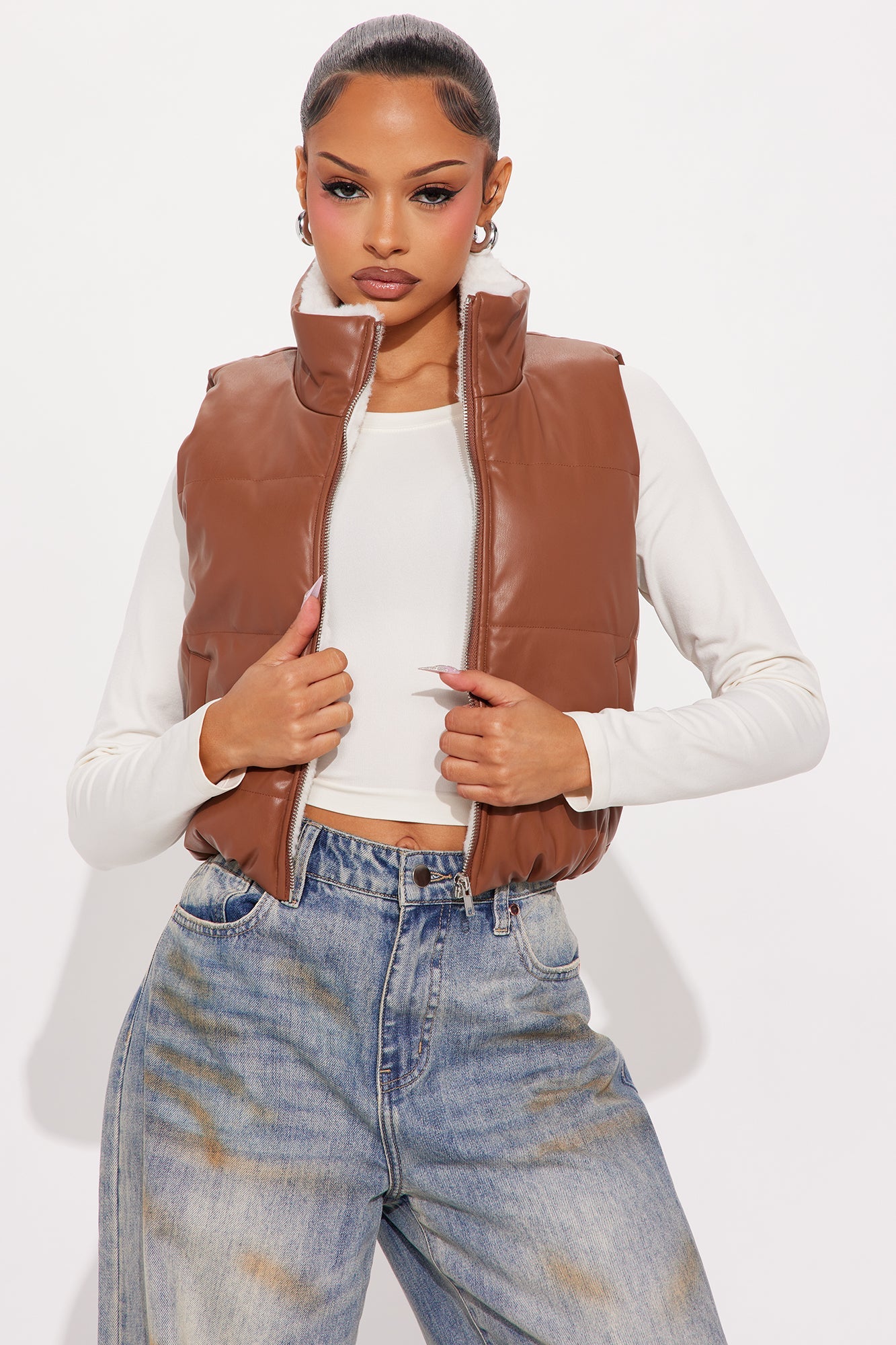 Dana Faux Leather Puffer Vest - Cognac
