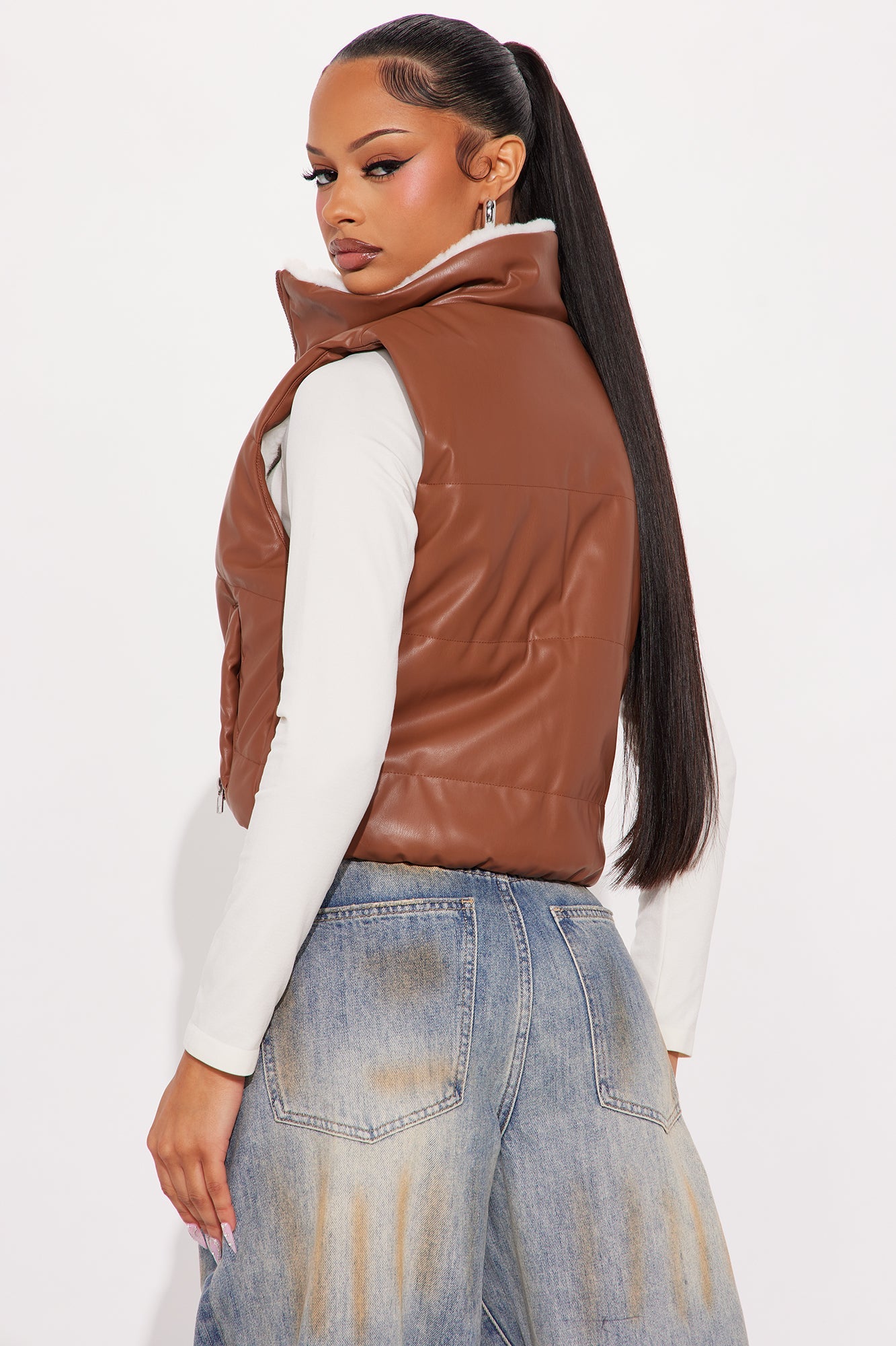 Dana Faux Leather Puffer Vest - Cognac