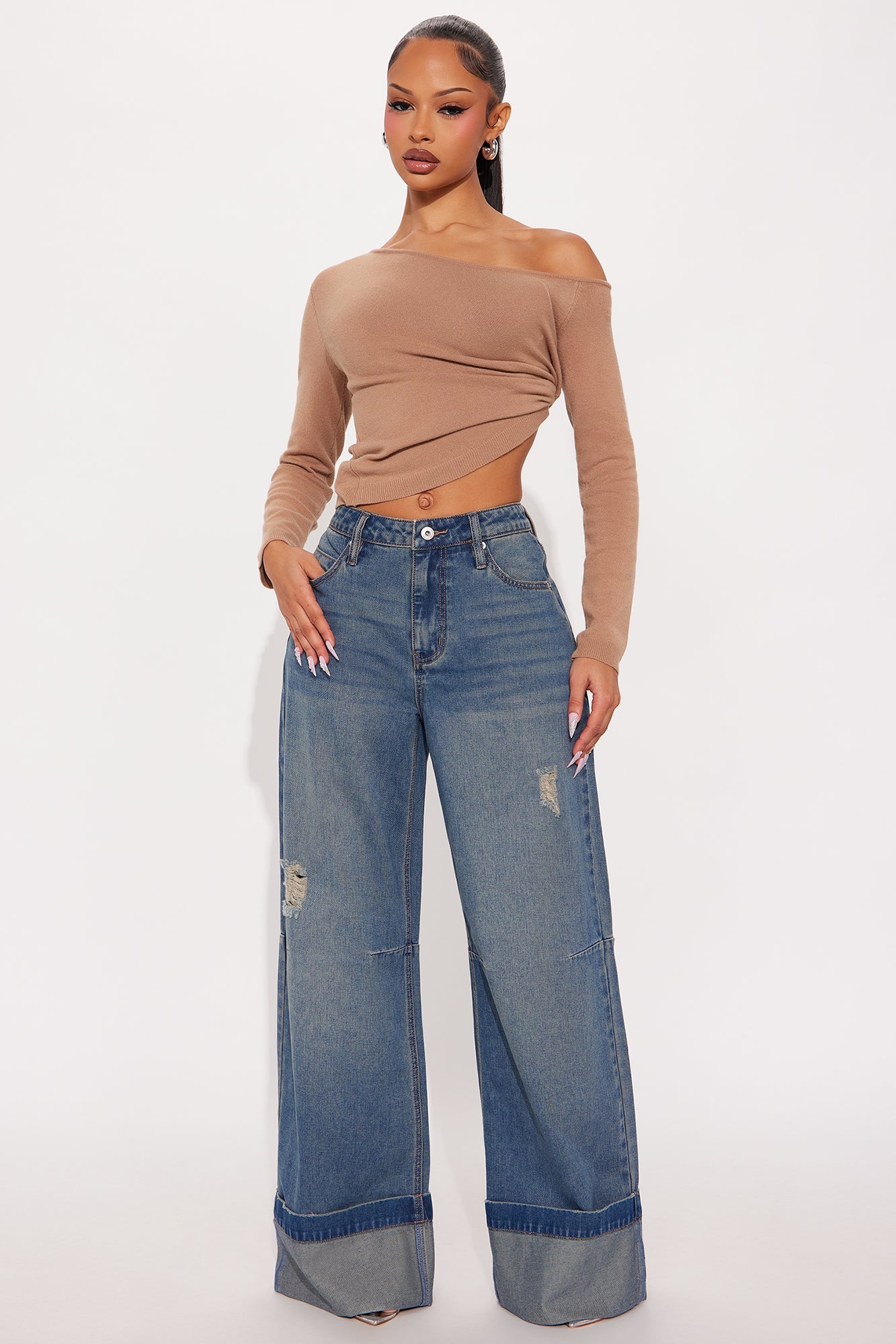 Rowan Ripped Cuffed Wide Leg Jeans - Vintage Wash