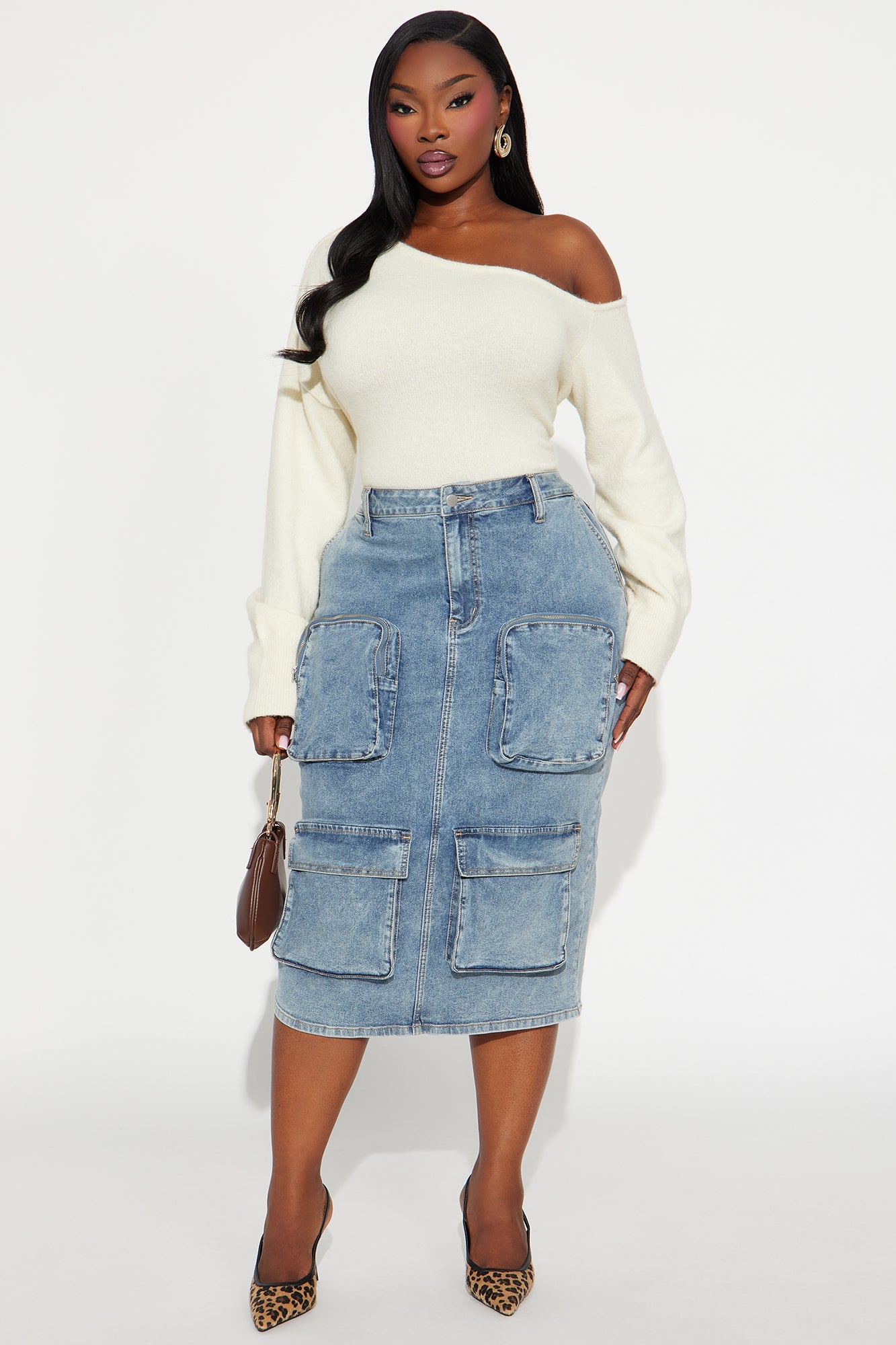 Sakura Cargo Denim Midi Skirt - Medium Wash