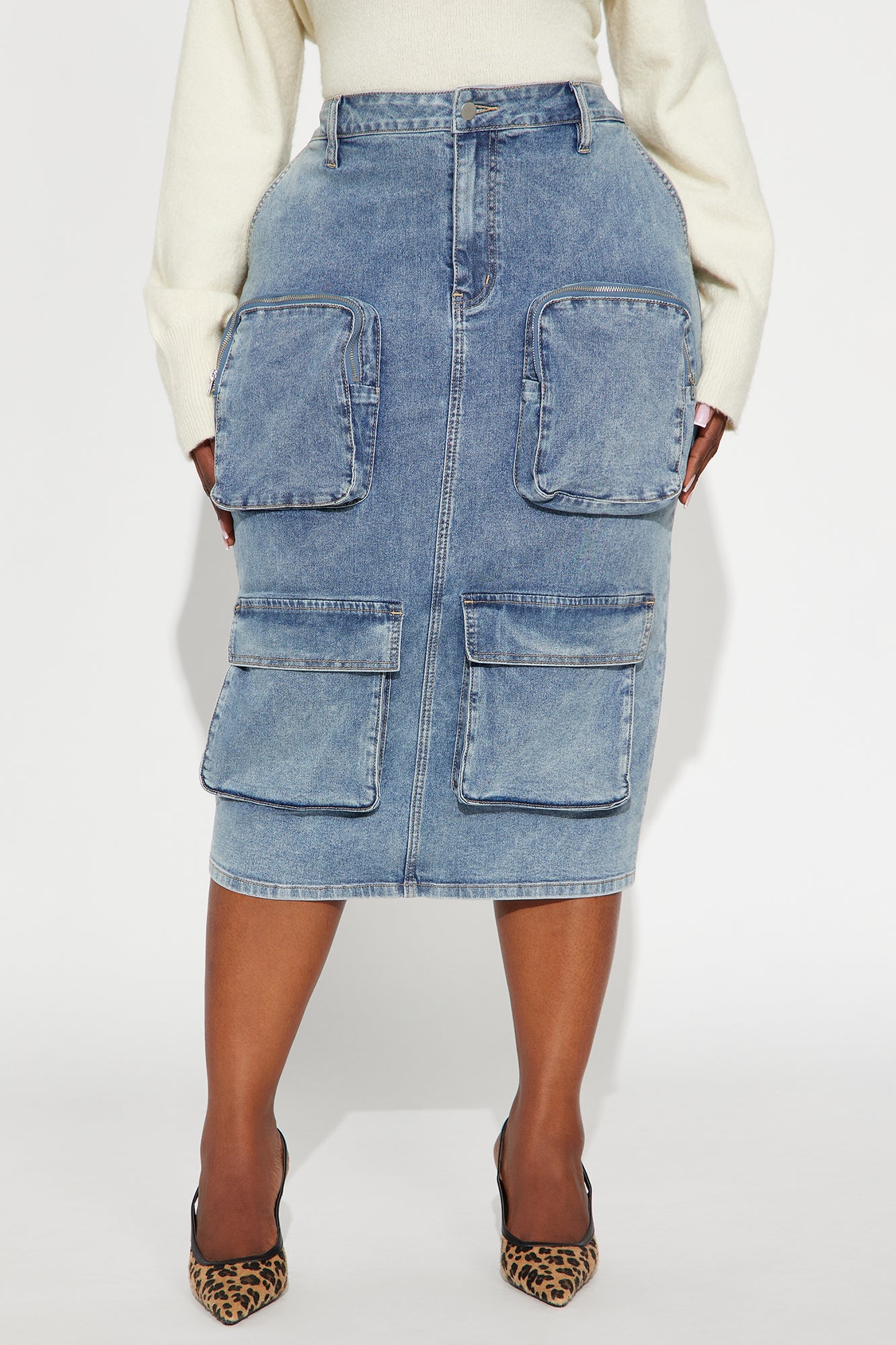 Sakura Cargo Denim Midi Skirt - Medium Wash