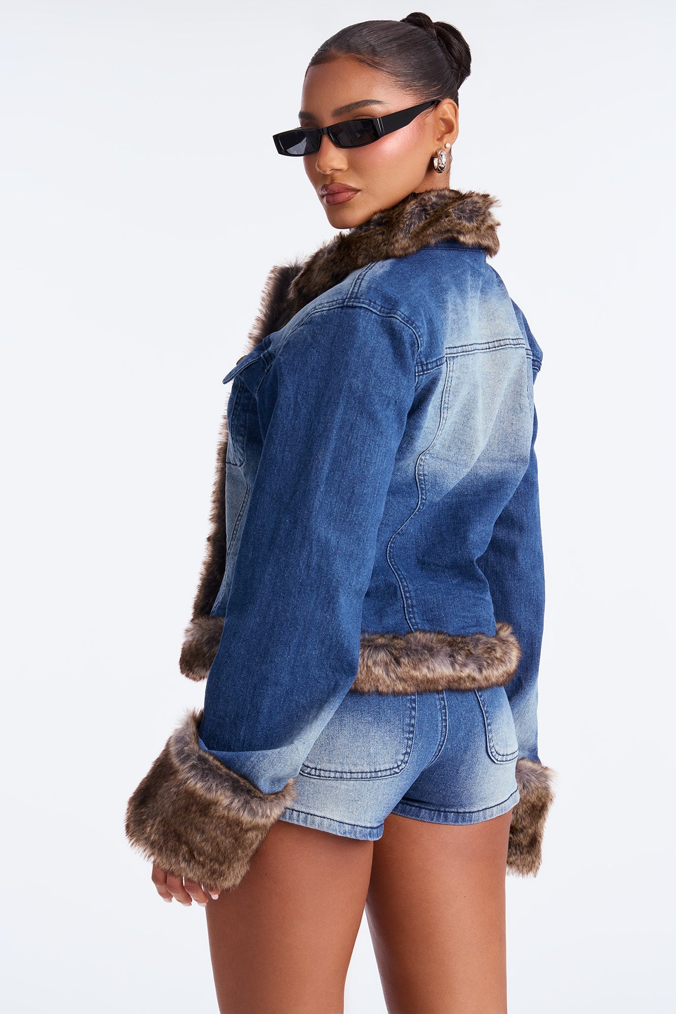 Meant To Be Fur Denim Jacket Short Set - Medium Wash