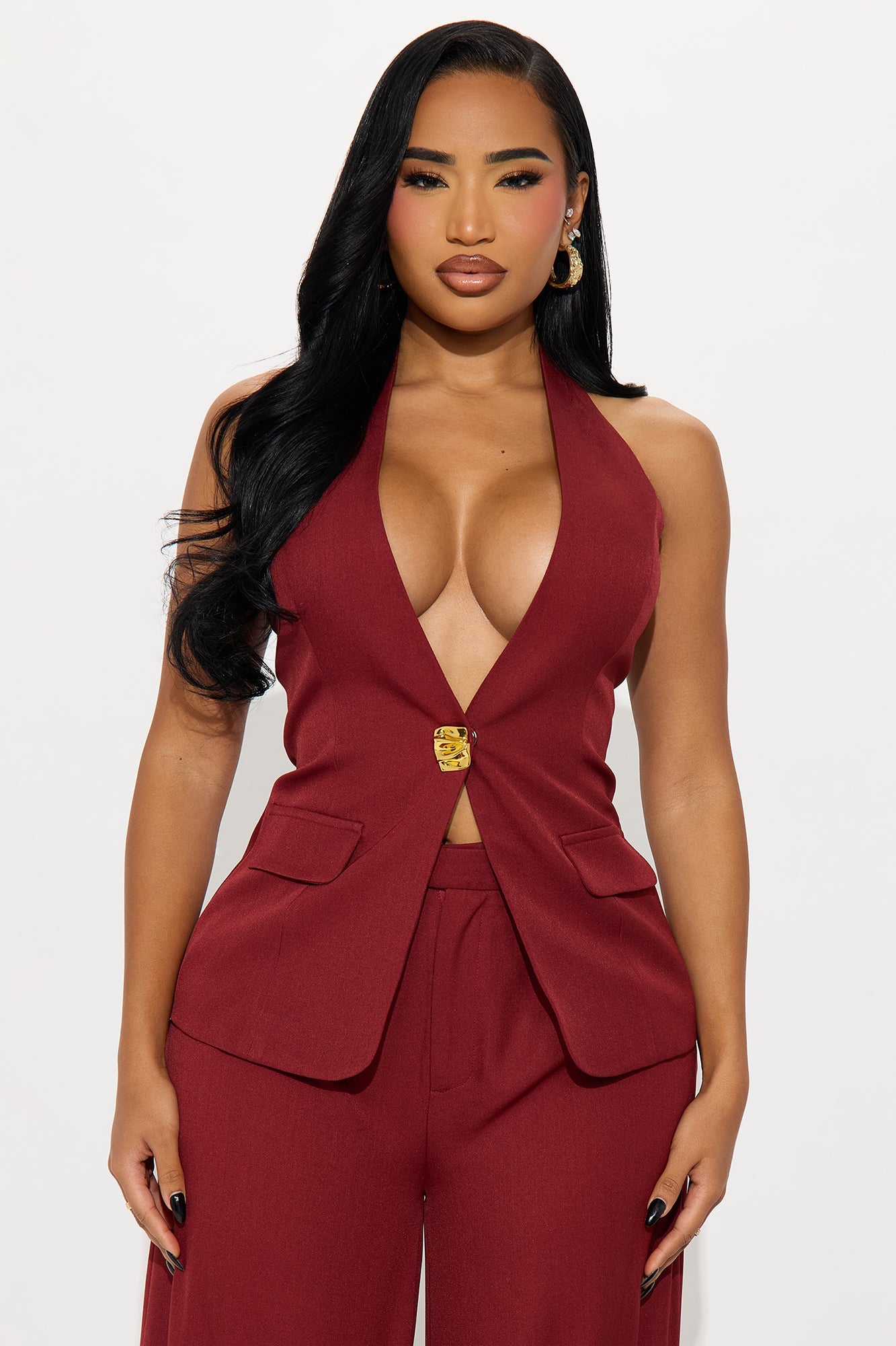 Melinda Halter Vest Pant Set - Burgundy