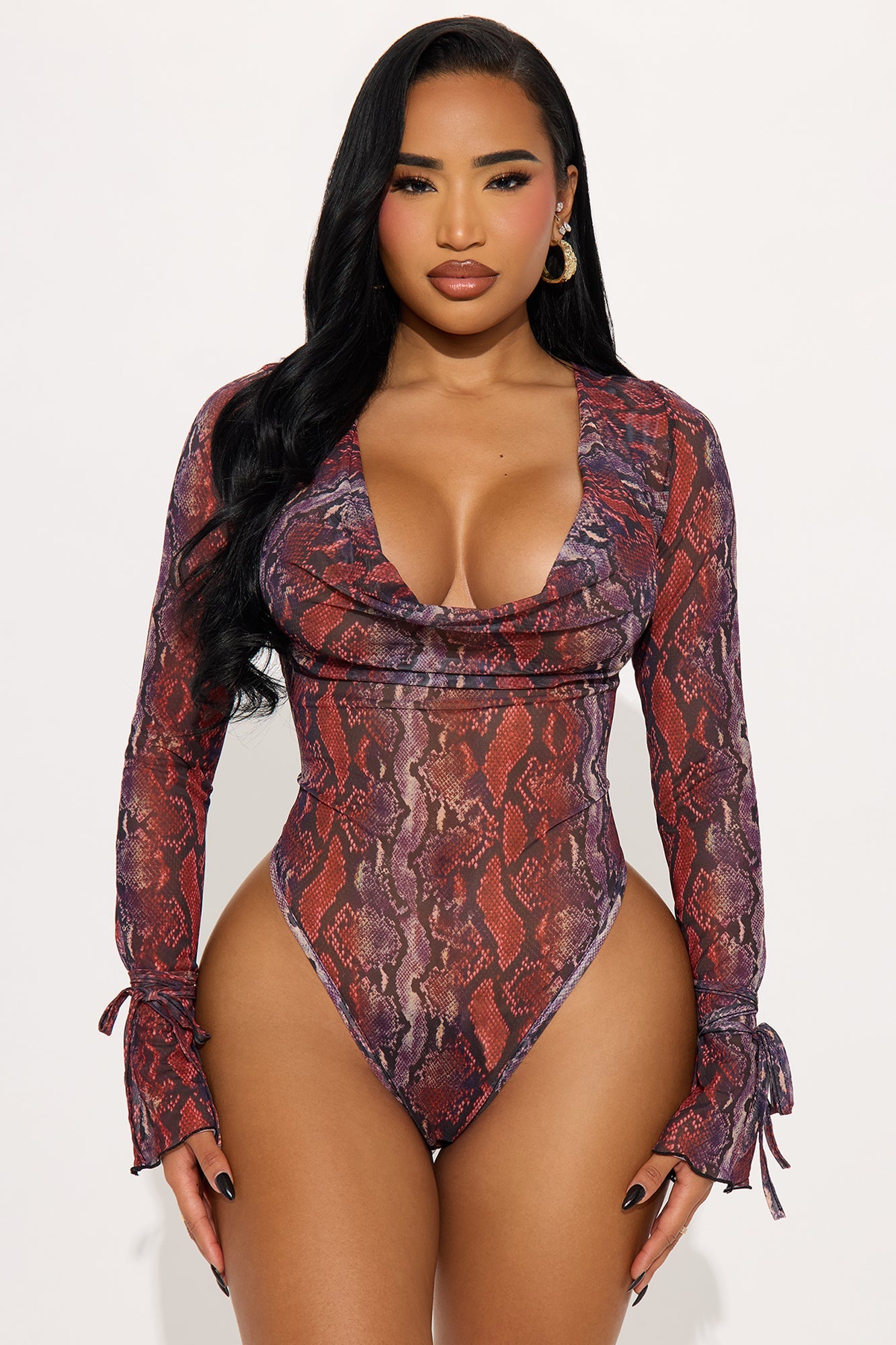 Catch It Long Sleeve Cowl Neck Thong Bodysuit Teddy - Red/combo