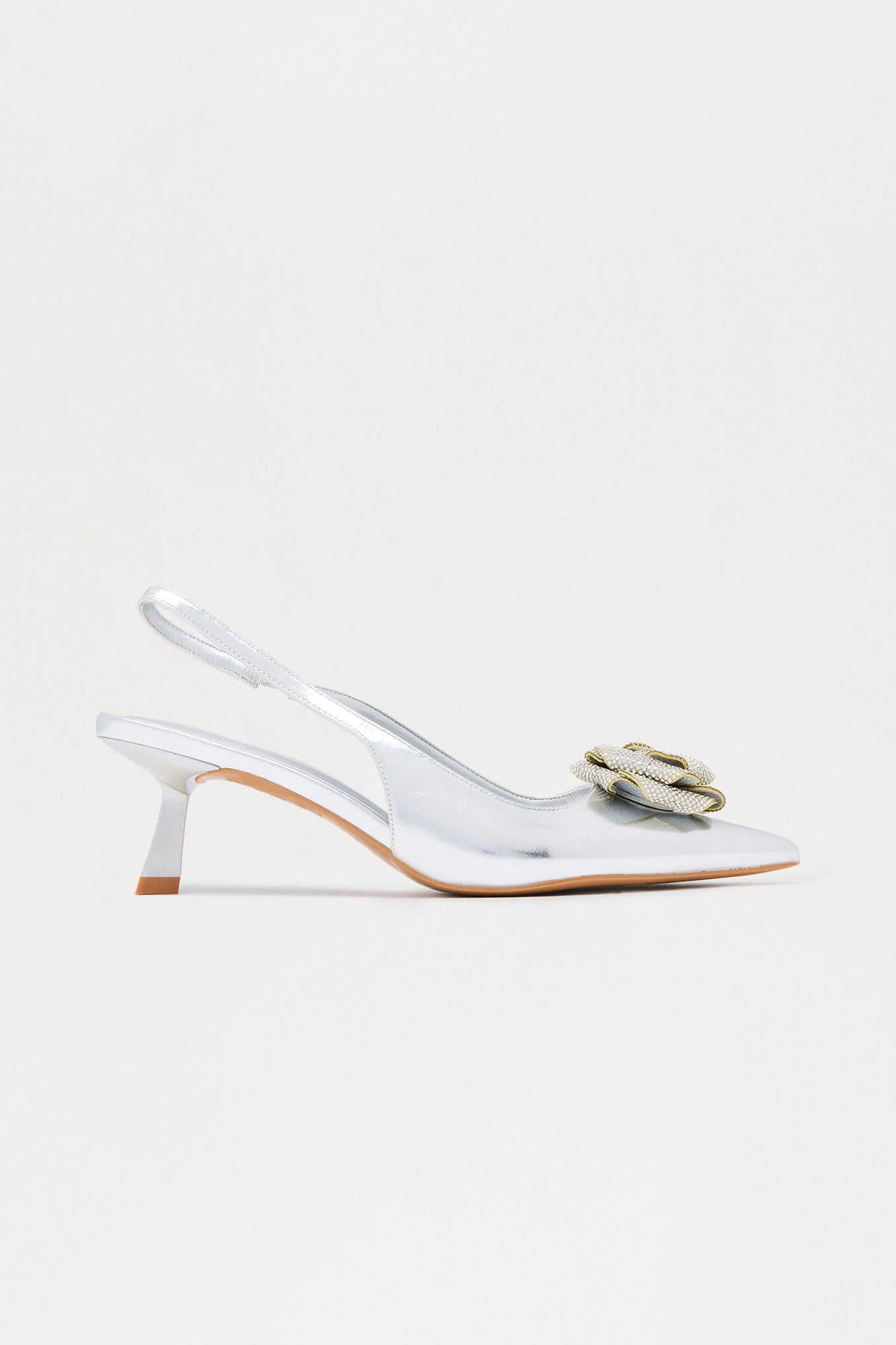 Hea Rhinestone Flower Slingback Pumps - Silver