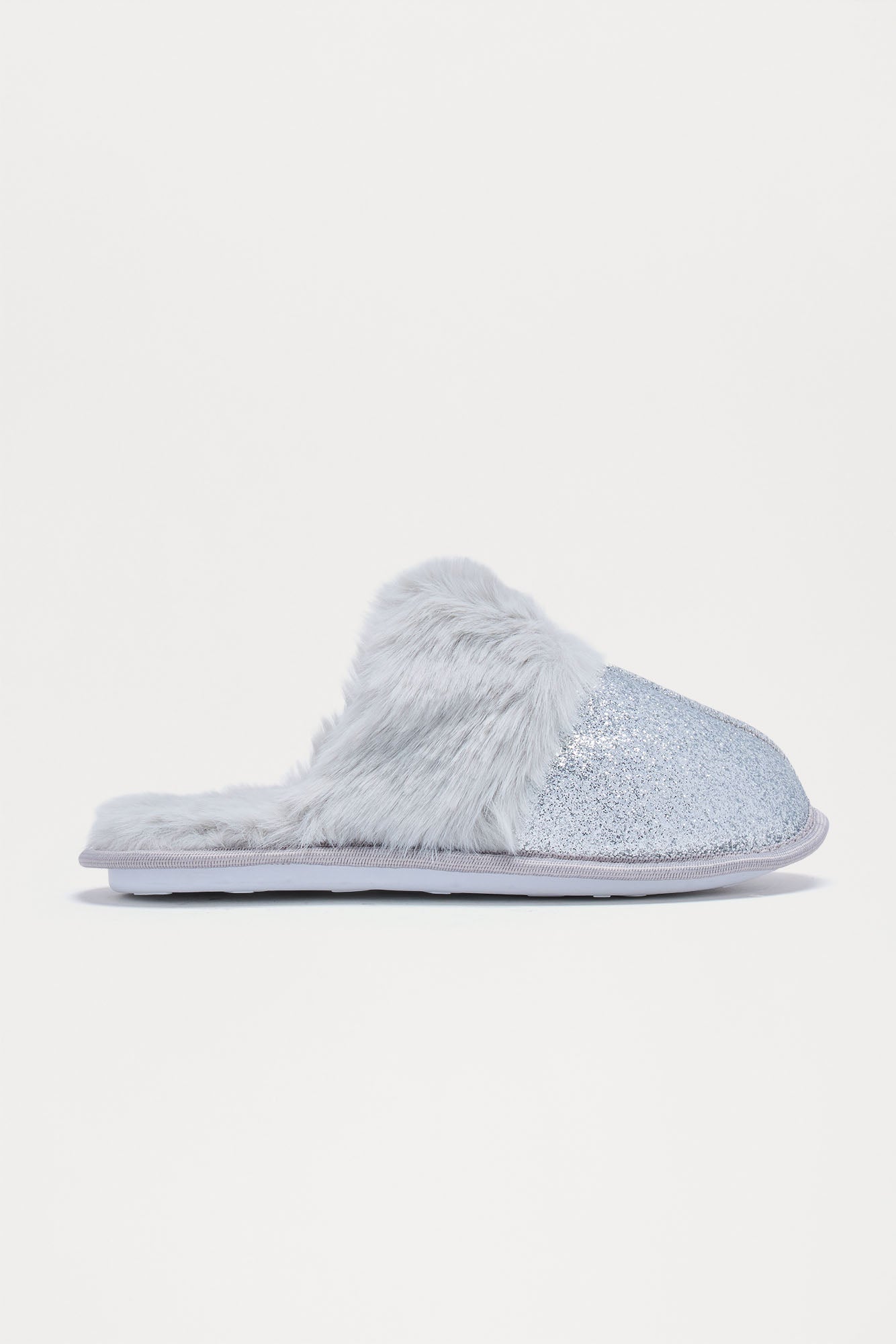 Bizzy Fur Trim Glitter Slippers - Silver