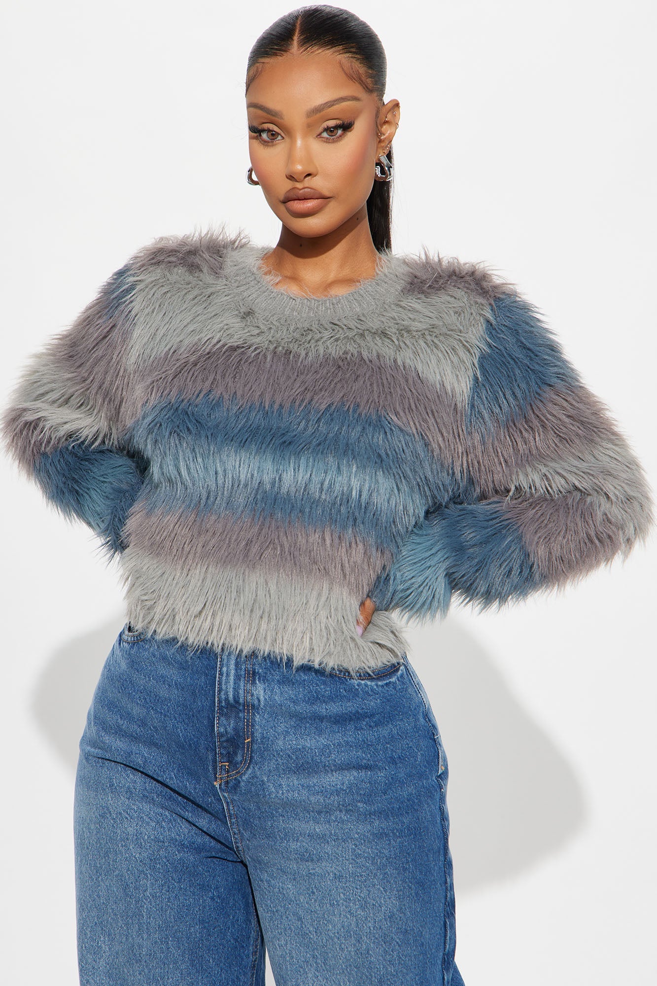 Jayda Fuzzy Knit Sweater - Blue/combo