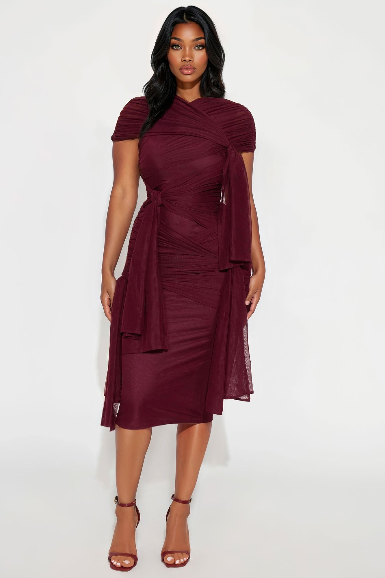 Darcy Draped Mesh Midi Dress - Burgundy
