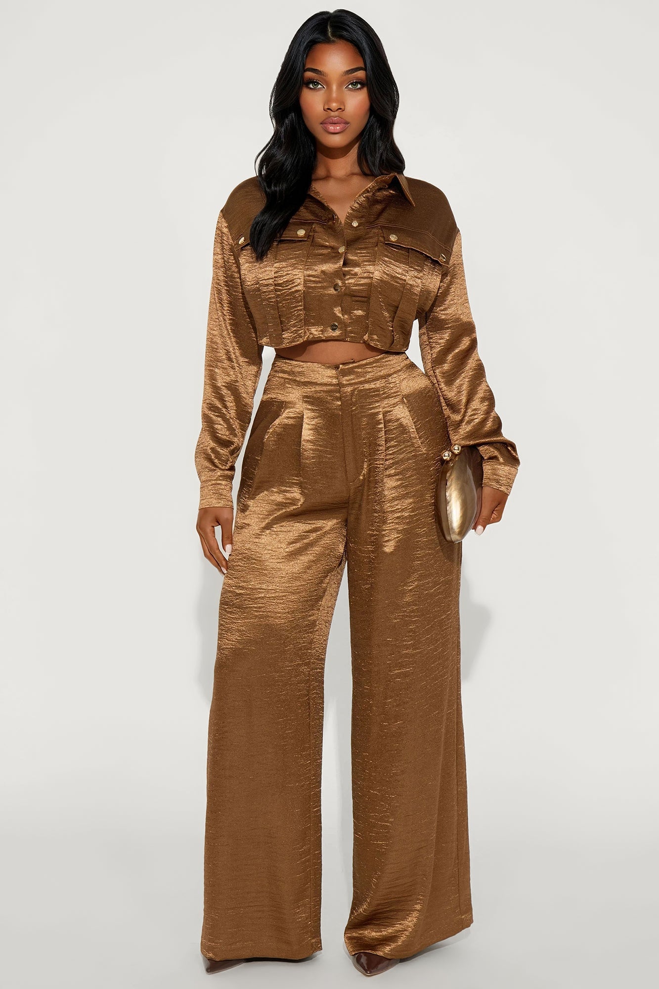 Hailey Satin Long Sleeve Pant Set - Bronze
