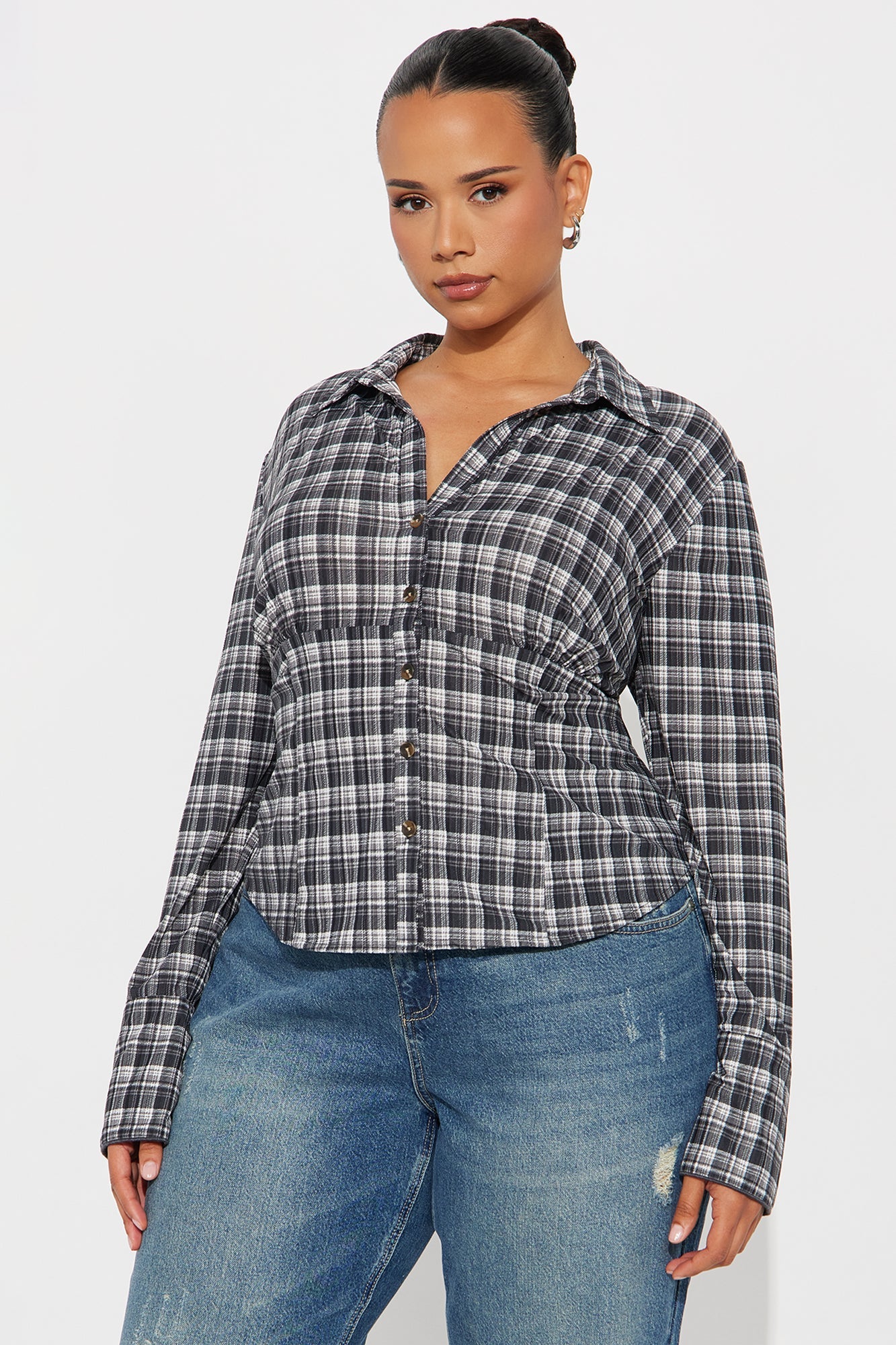 Norah Long Sleeve Button Up Plaid Shirt - Black/White