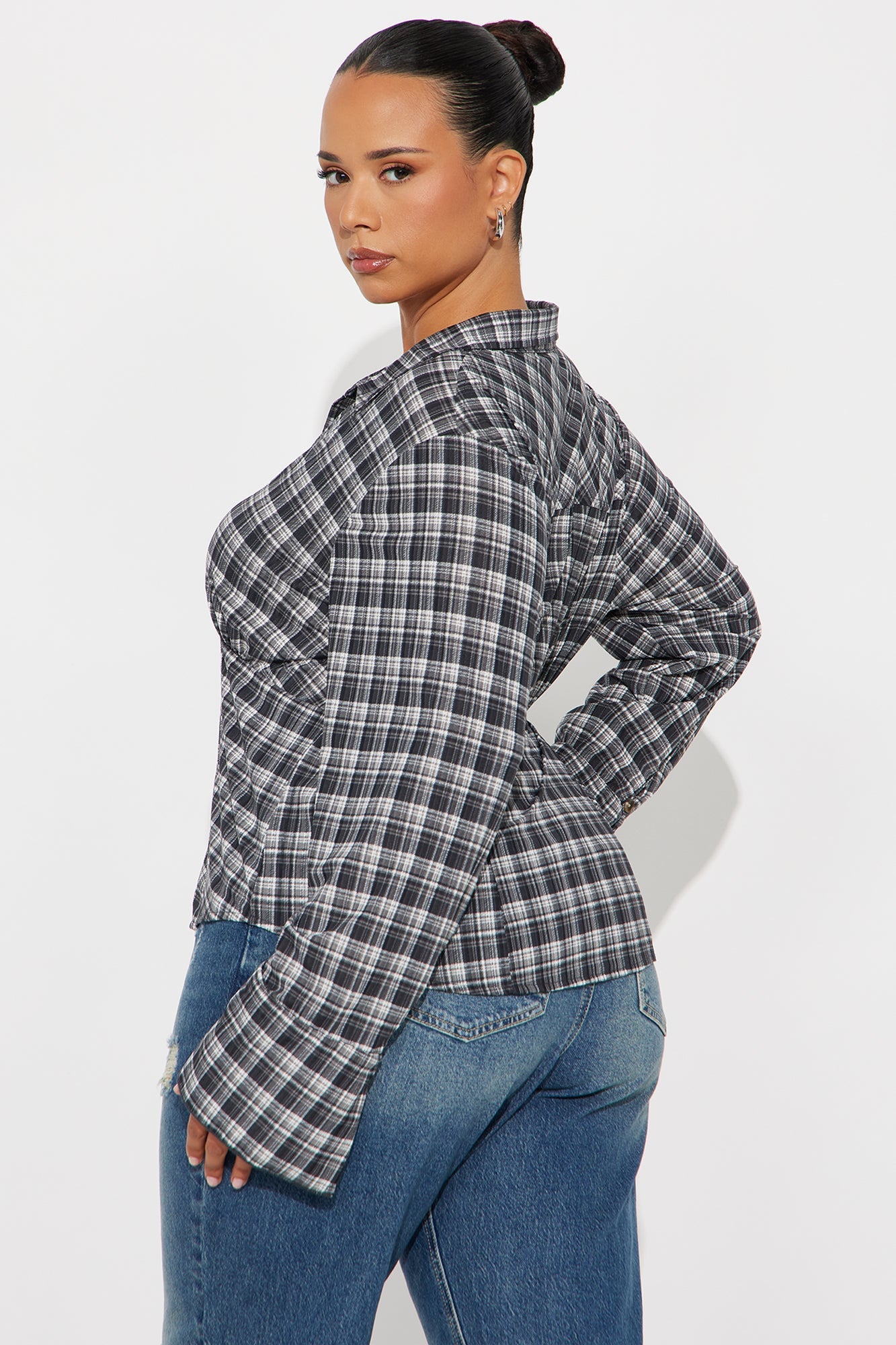 Norah Long Sleeve Button Up Plaid Shirt - Black/White