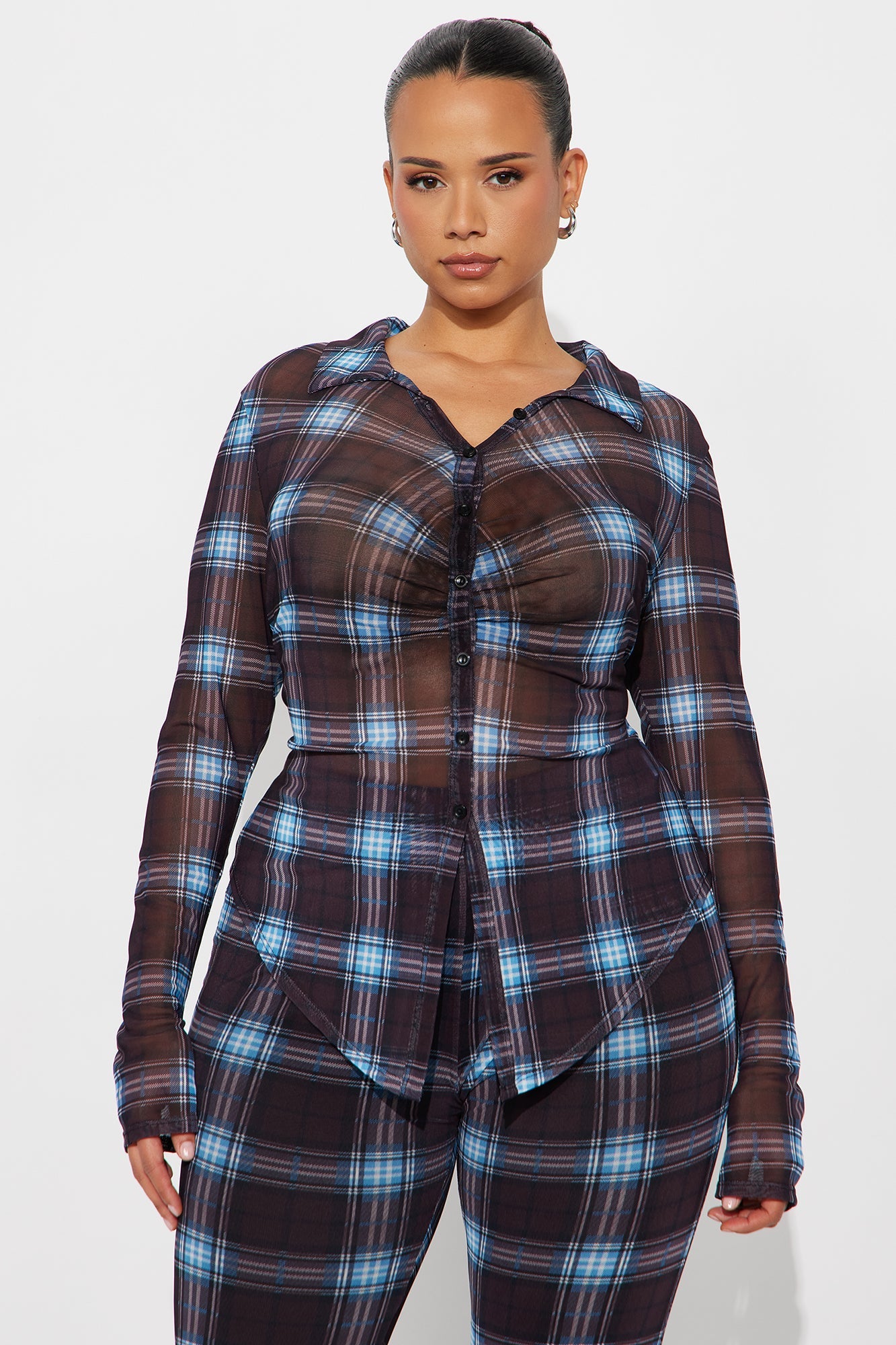Marissa Mesh Plaid Pant Set - Blue/combo