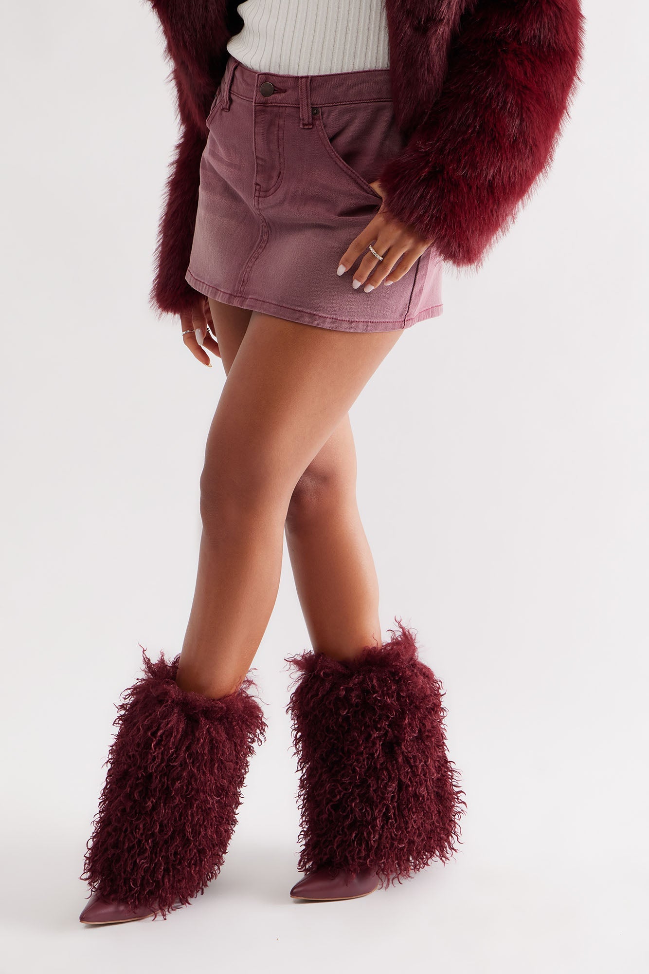 Greer Faux Fur Stiletto Booties - Wine