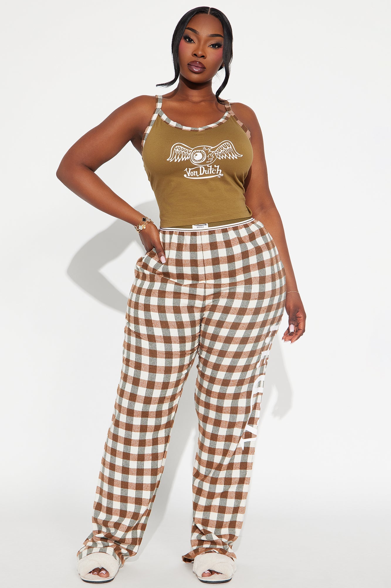 Von Dutch Cami PJ Flannel Boxer Pant Set - Olive/combo