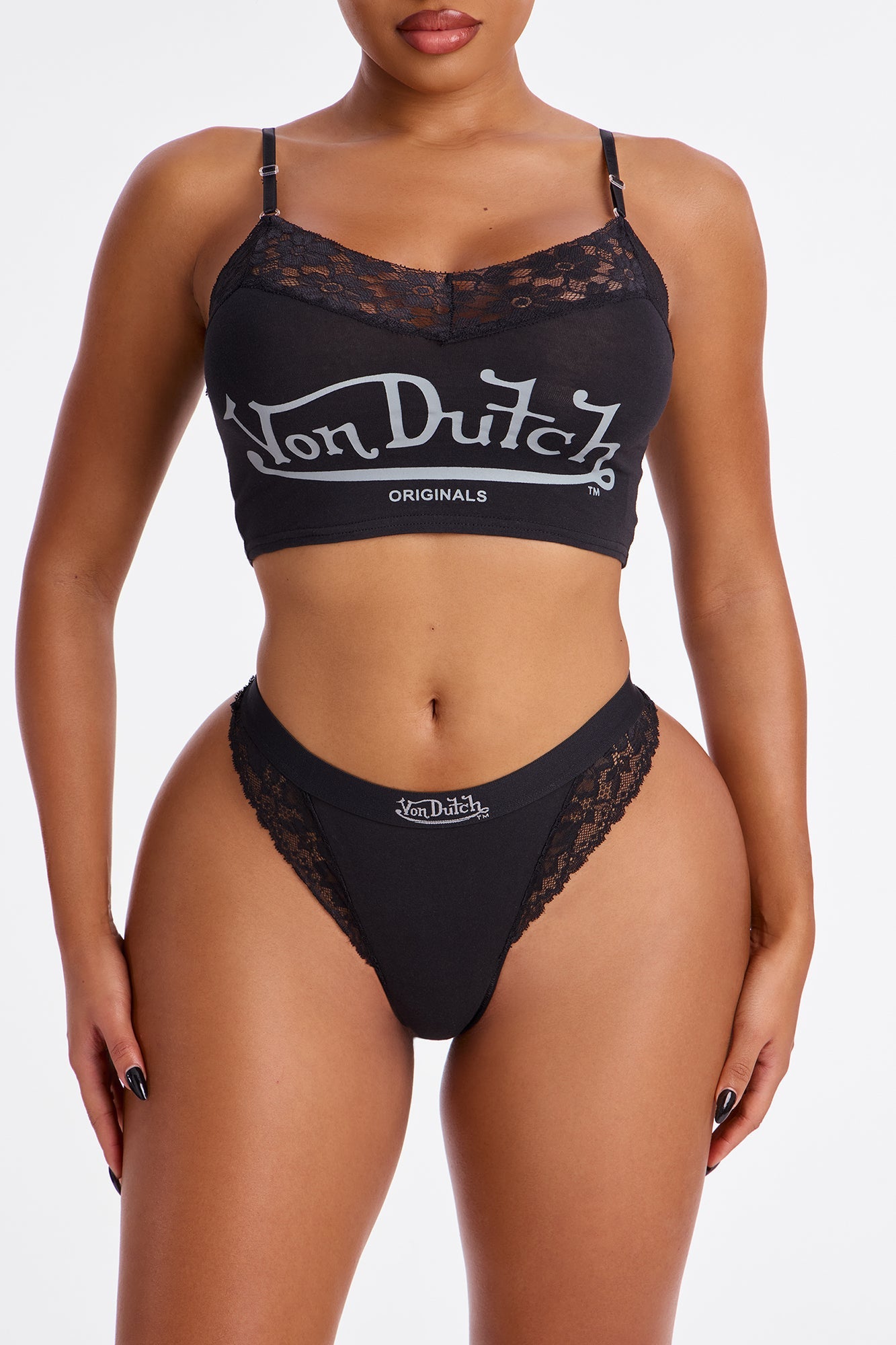 Von Dutch Lace Thong And Cami 2 Piece Set - Black