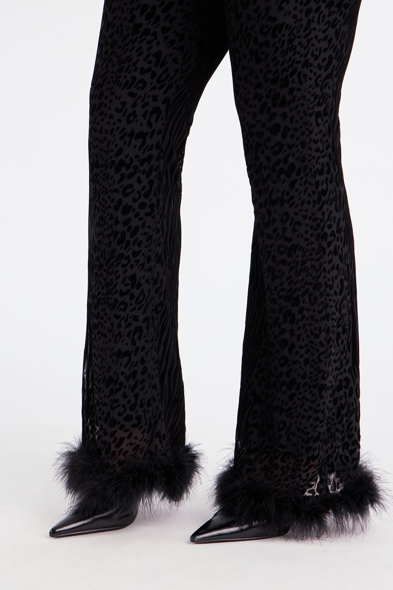 Wild Whisper Velvet Burnout Feather Trim Pant - Black