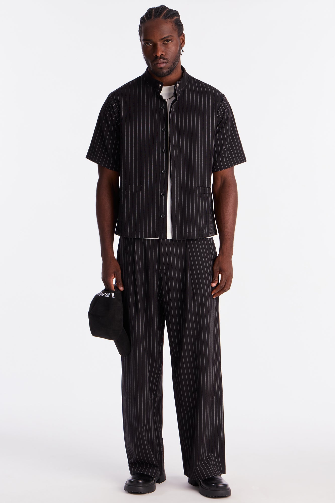 Straight Striped Mandarin Short Sleeve Shirt - Black