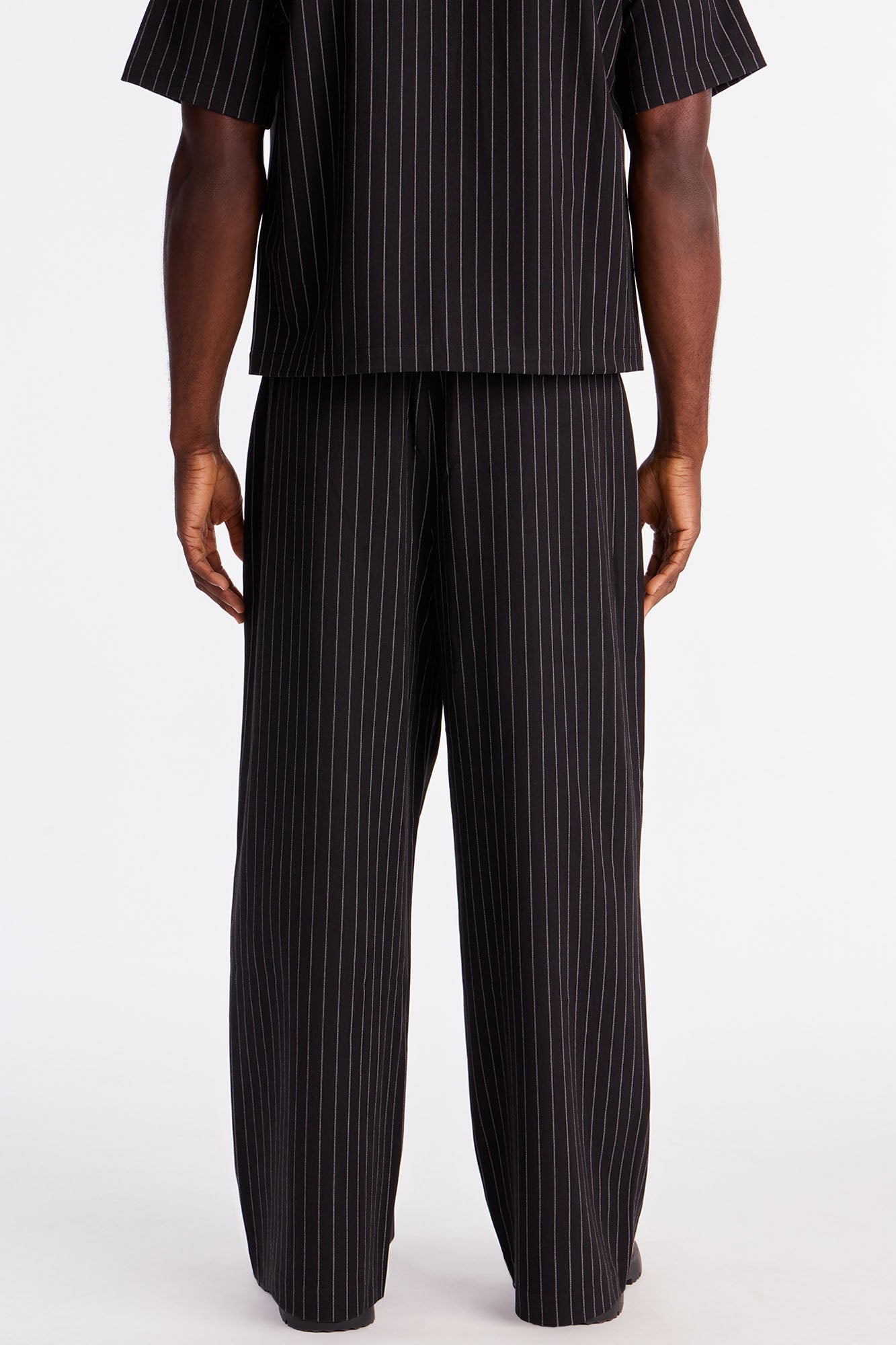 Wide Leg Straight Striped Double Pleated Trouser - Black