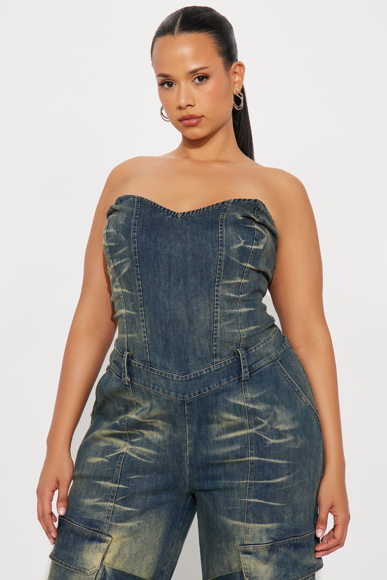 Vida Washed Denim Cargo Jumpsuit - Medium Wash