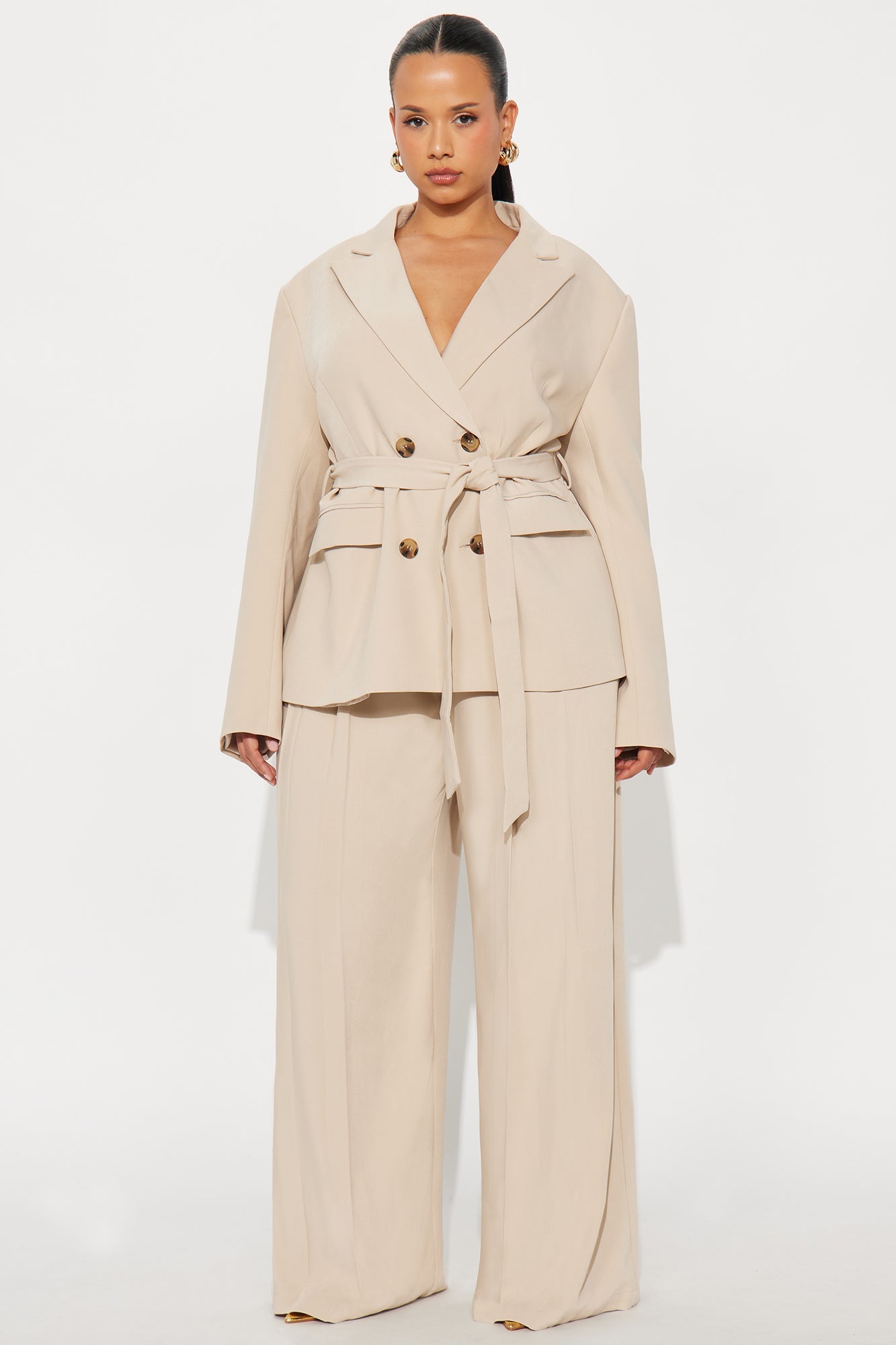 End Of Time Wide Leg Belted Trousers 33″ - Stone