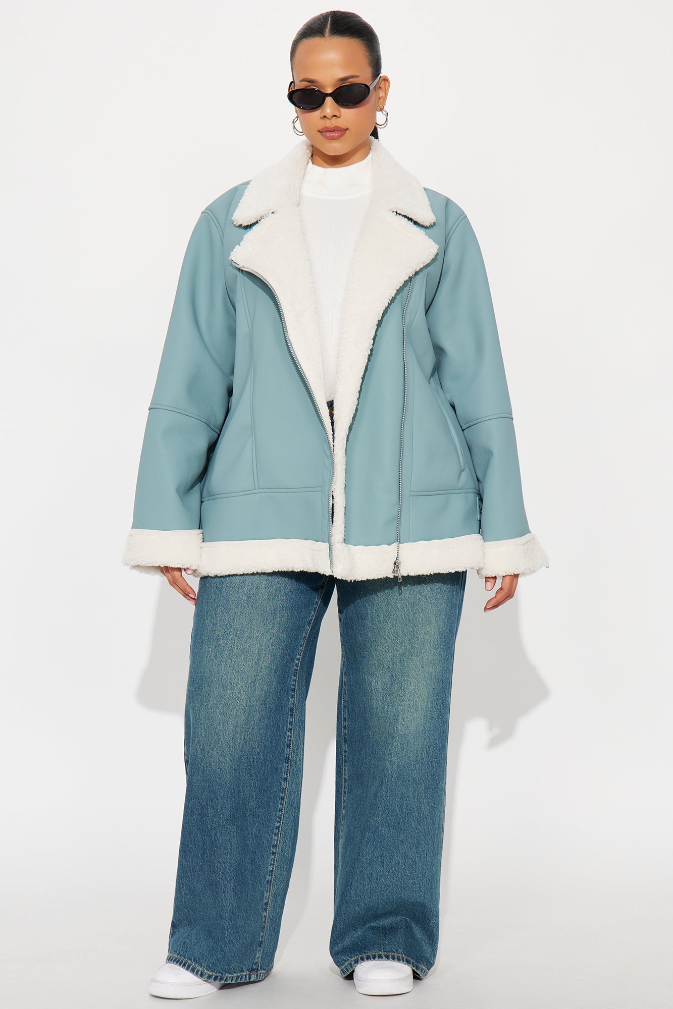 Simone Faux Leather Fur Lined Moto Jacket - Dusty Blue