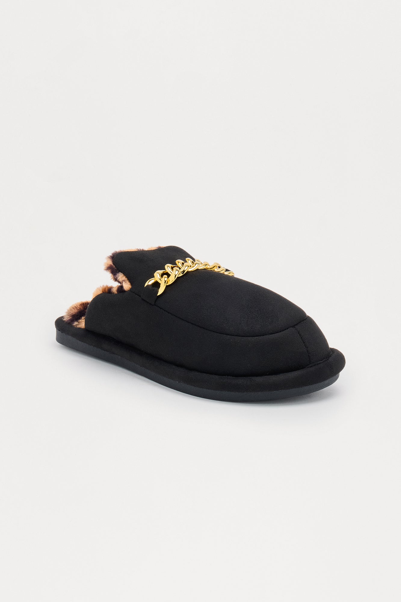 Levo Chain Faux Fur Lined Slippers - Black