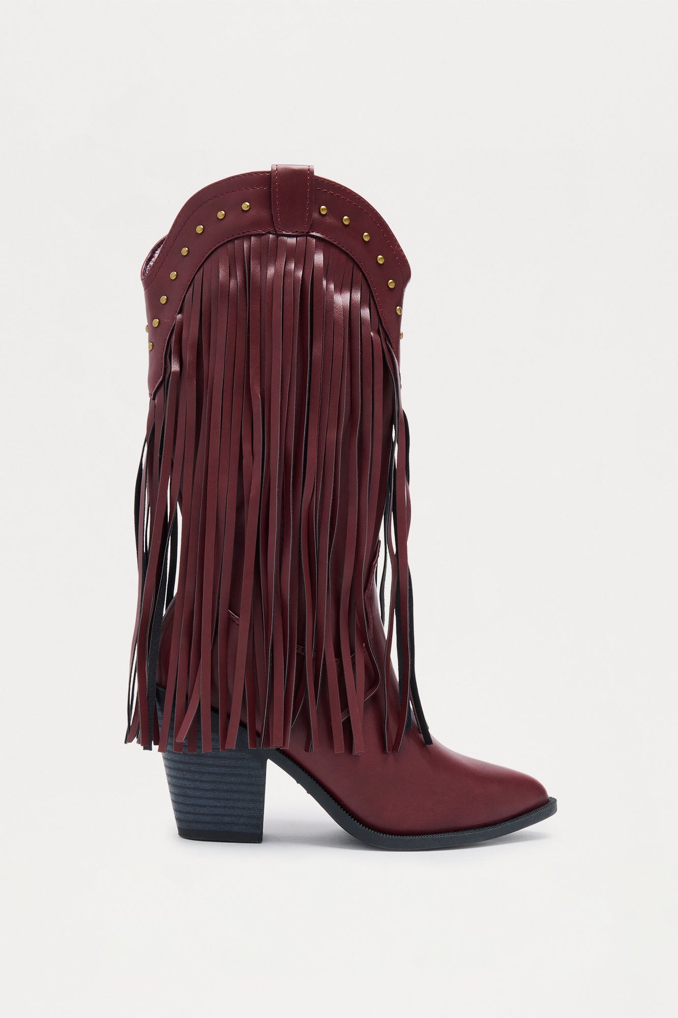 Rancher Studded Fringe Cowboy Boots - Wine