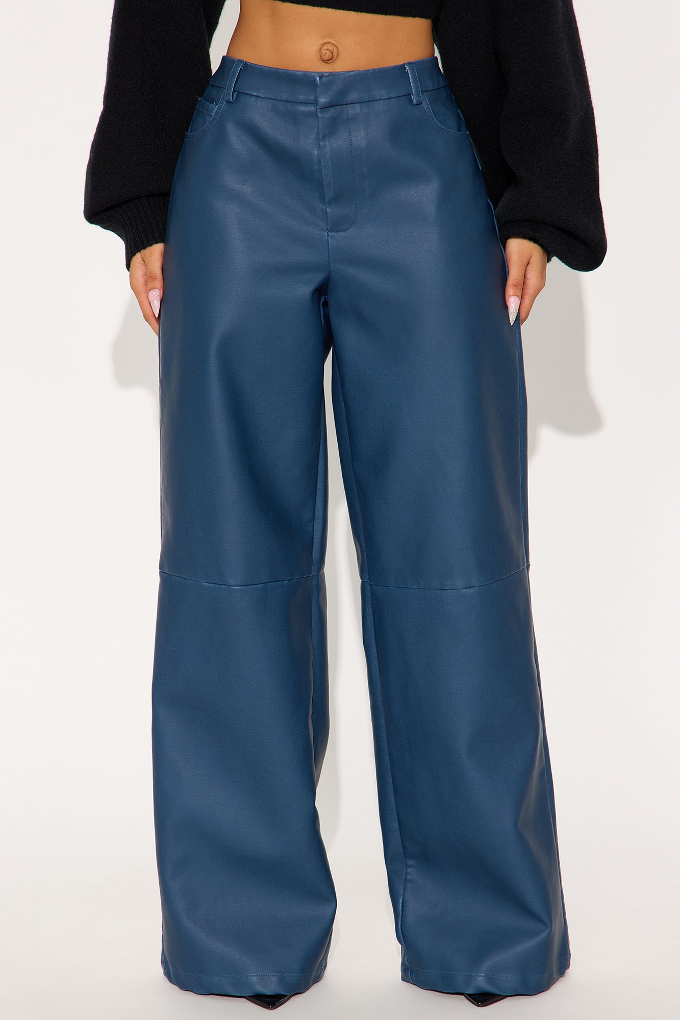 Double Down Faux Leather Wide Leg Pant 33″ - Blue