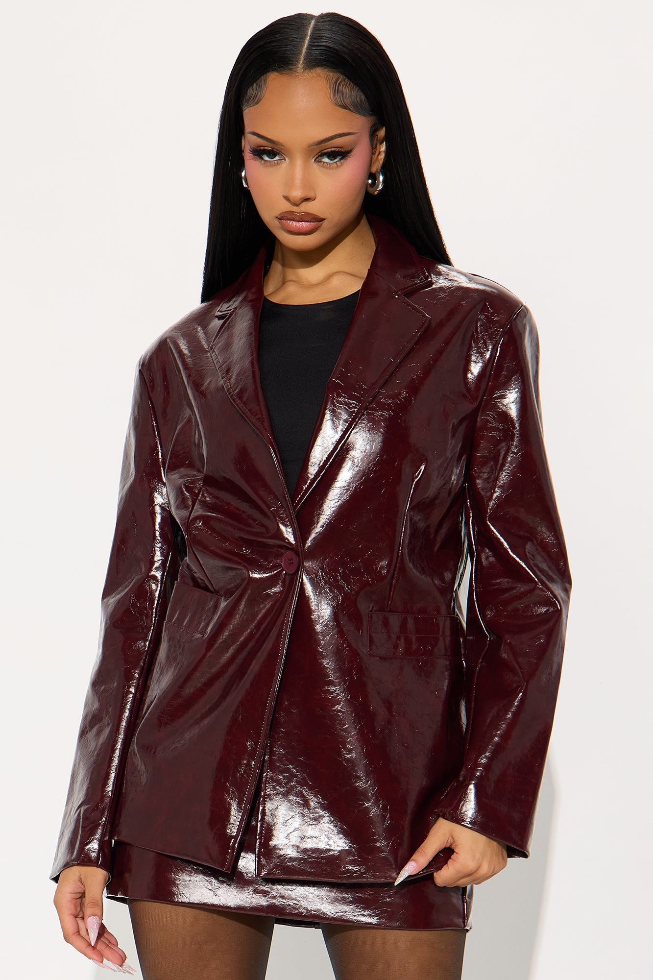 Kaia Patent Leather Jacket Skirt Set - Burgundy