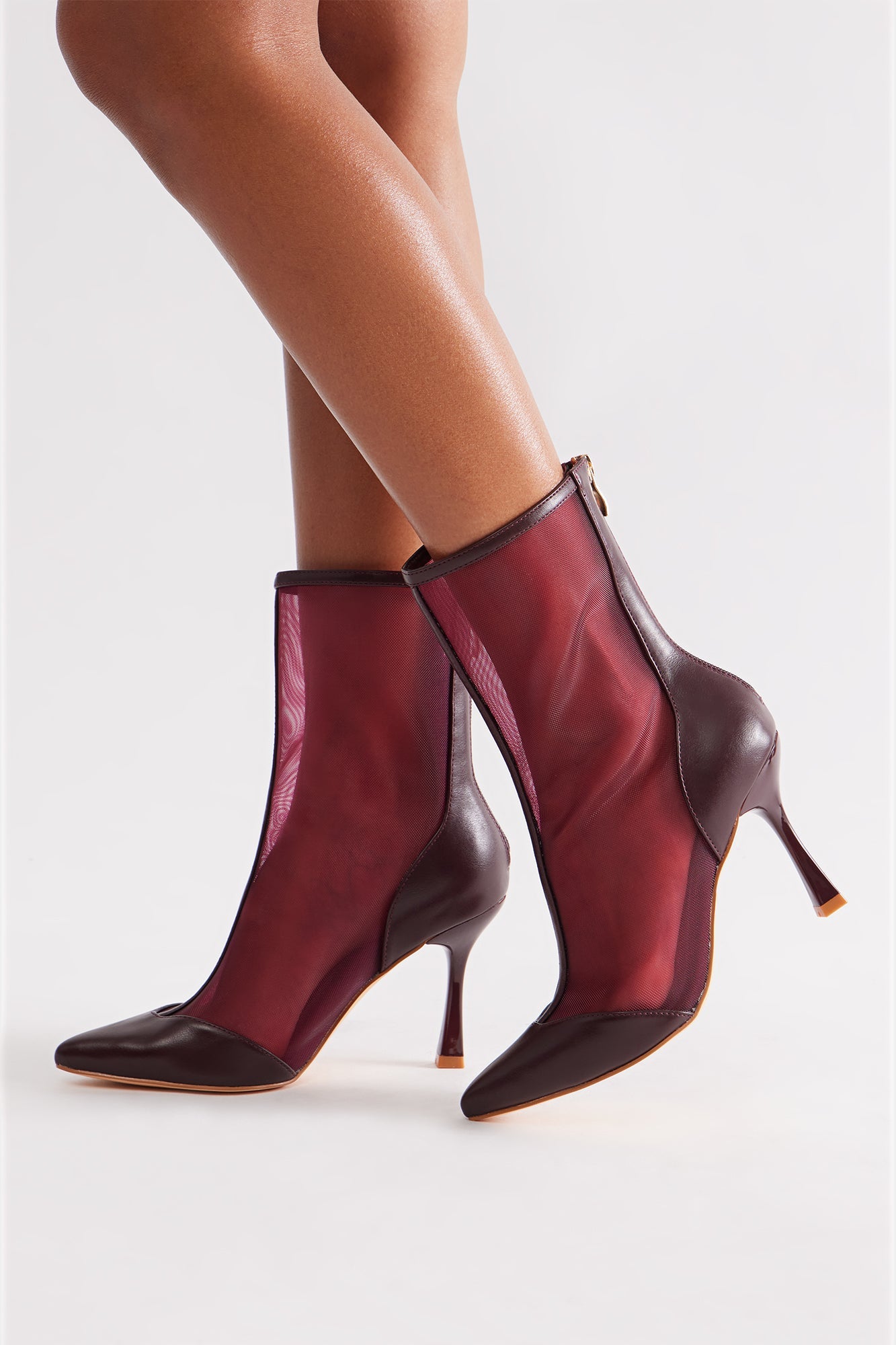 Marabou Mesh Stiletto Booties - Burgundy