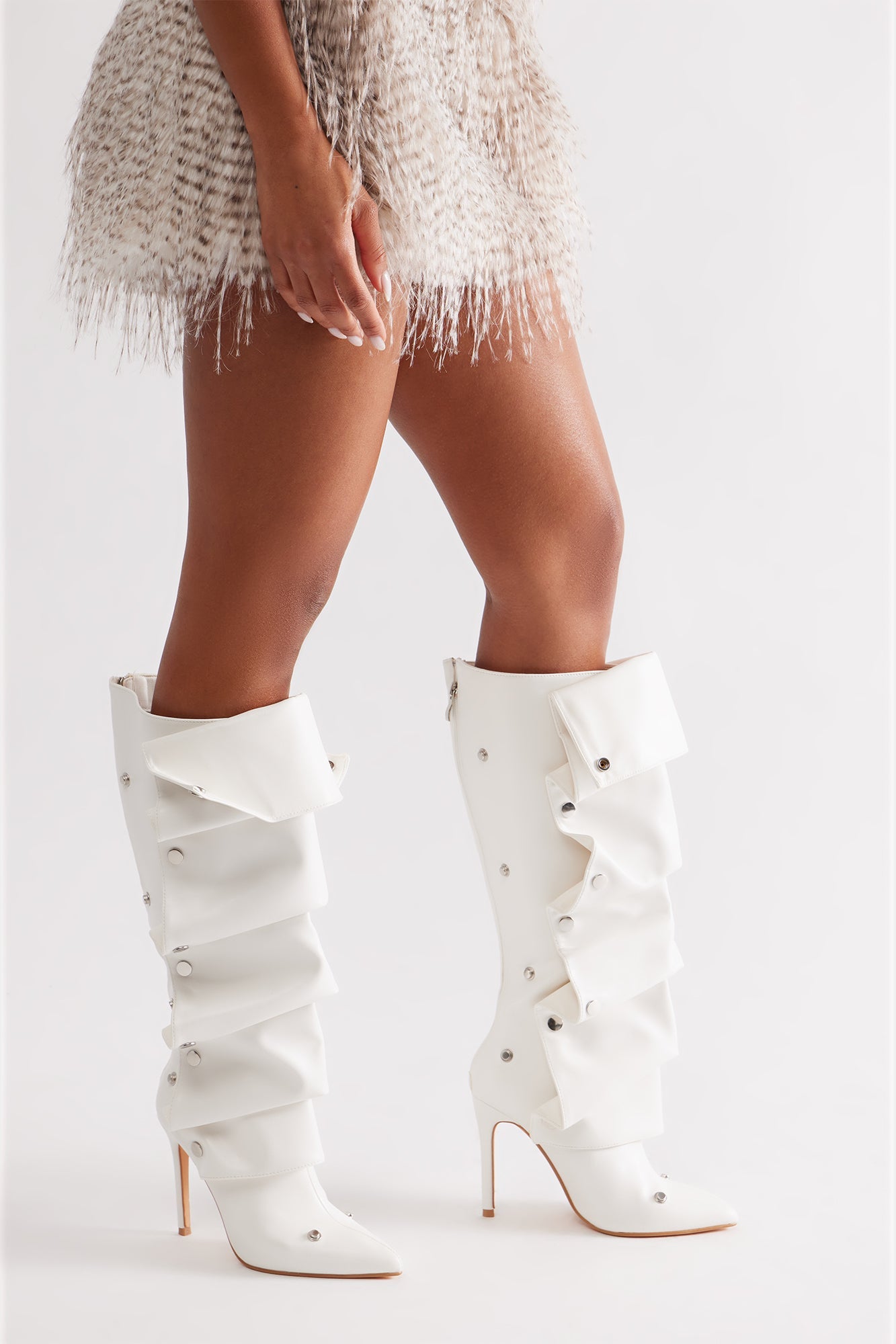 Nay Ruched Studded Boots - White