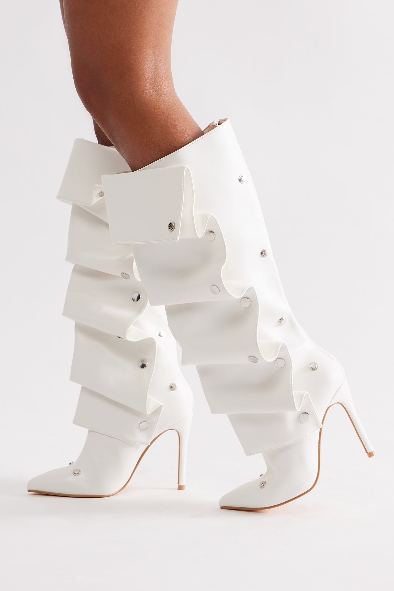 Nay Ruched Studded Boots - White
