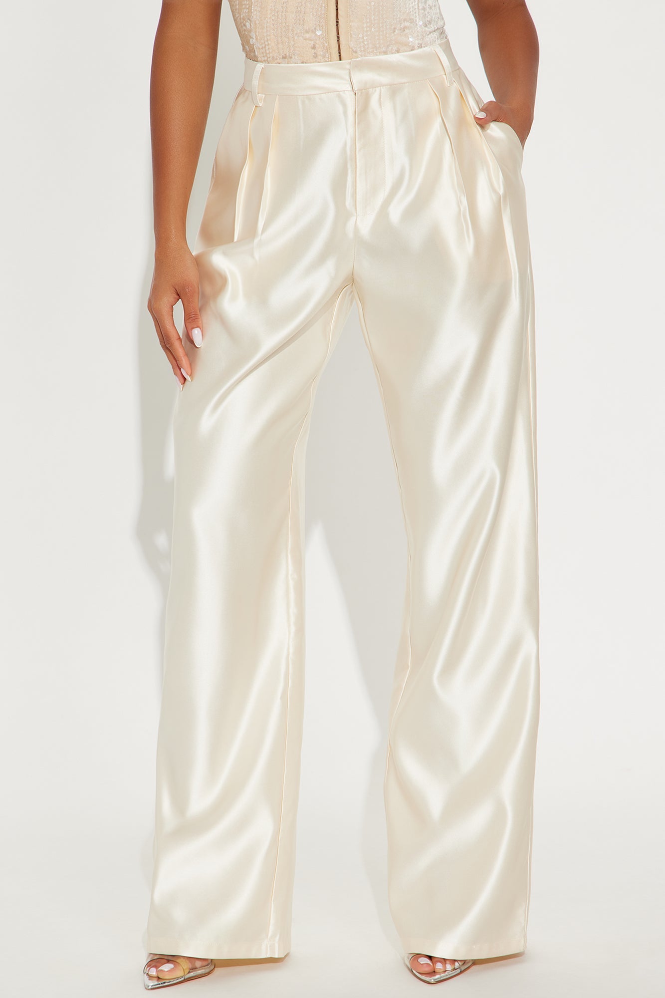 Late Night Cue Satin Wide Leg Pant 32″ - Ivory