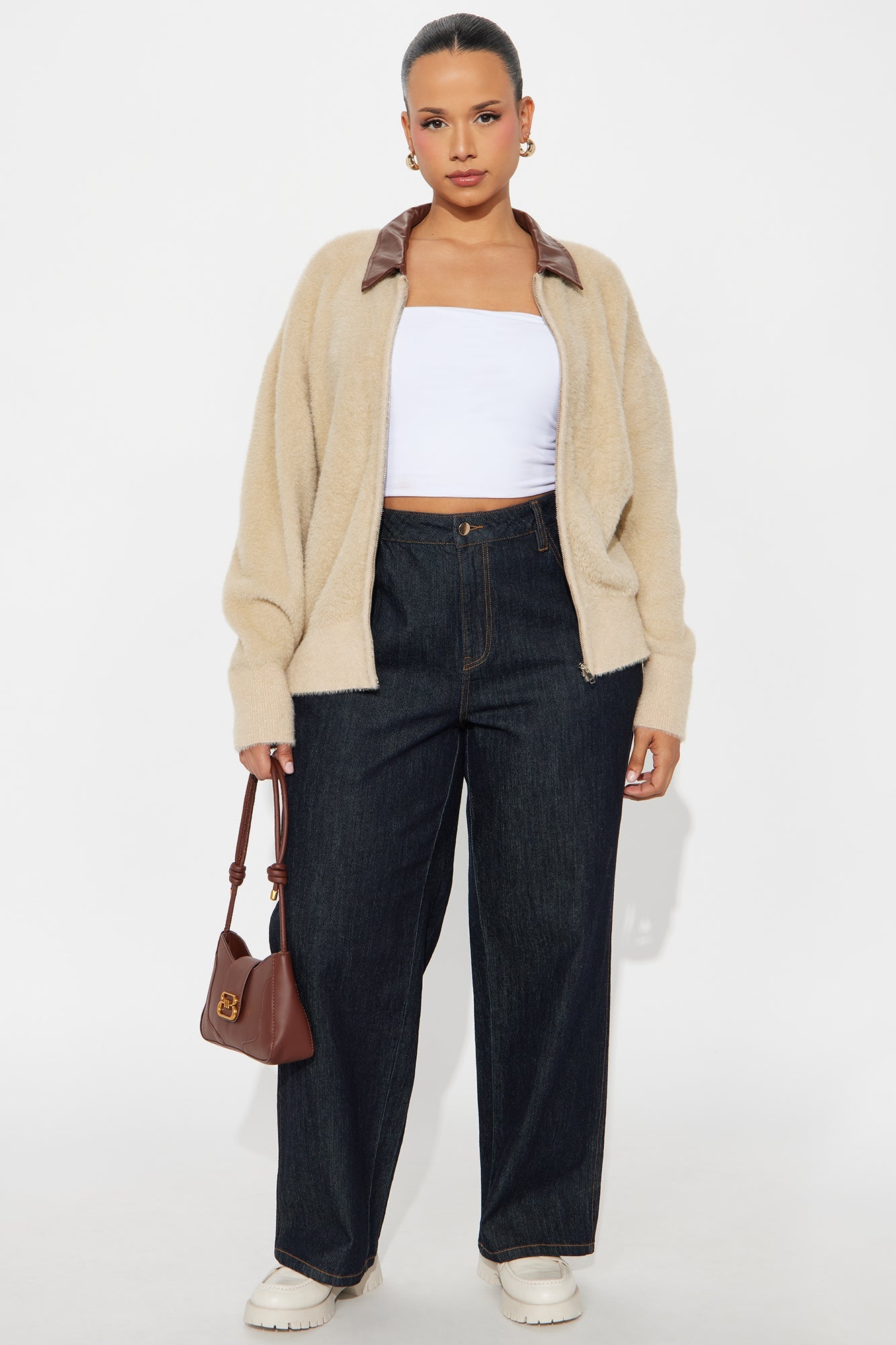 Got That Sense Front Zip Fuzzy Cardigan - Taupe/combo