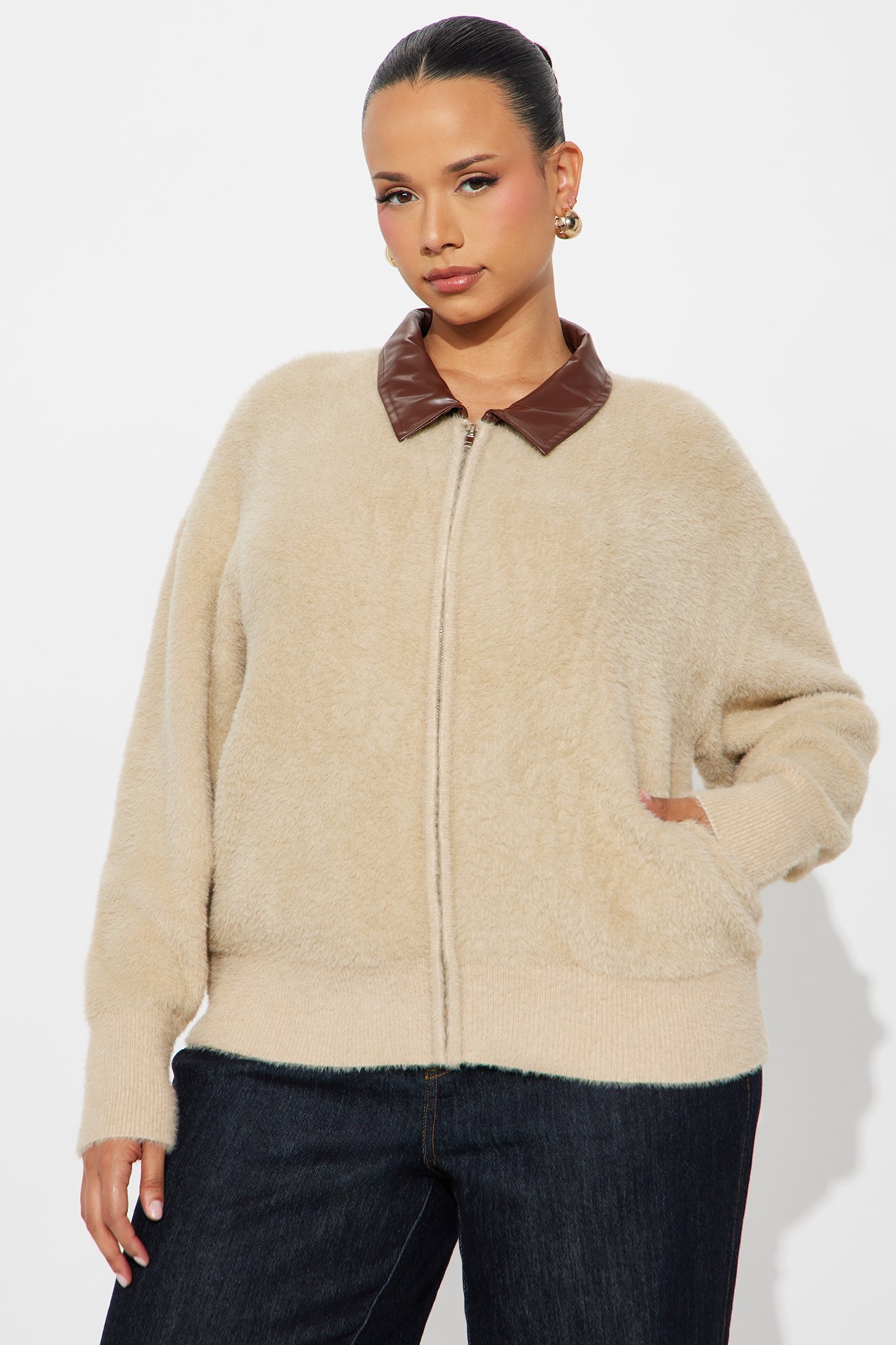 Got That Sense Front Zip Fuzzy Cardigan - Taupe/combo