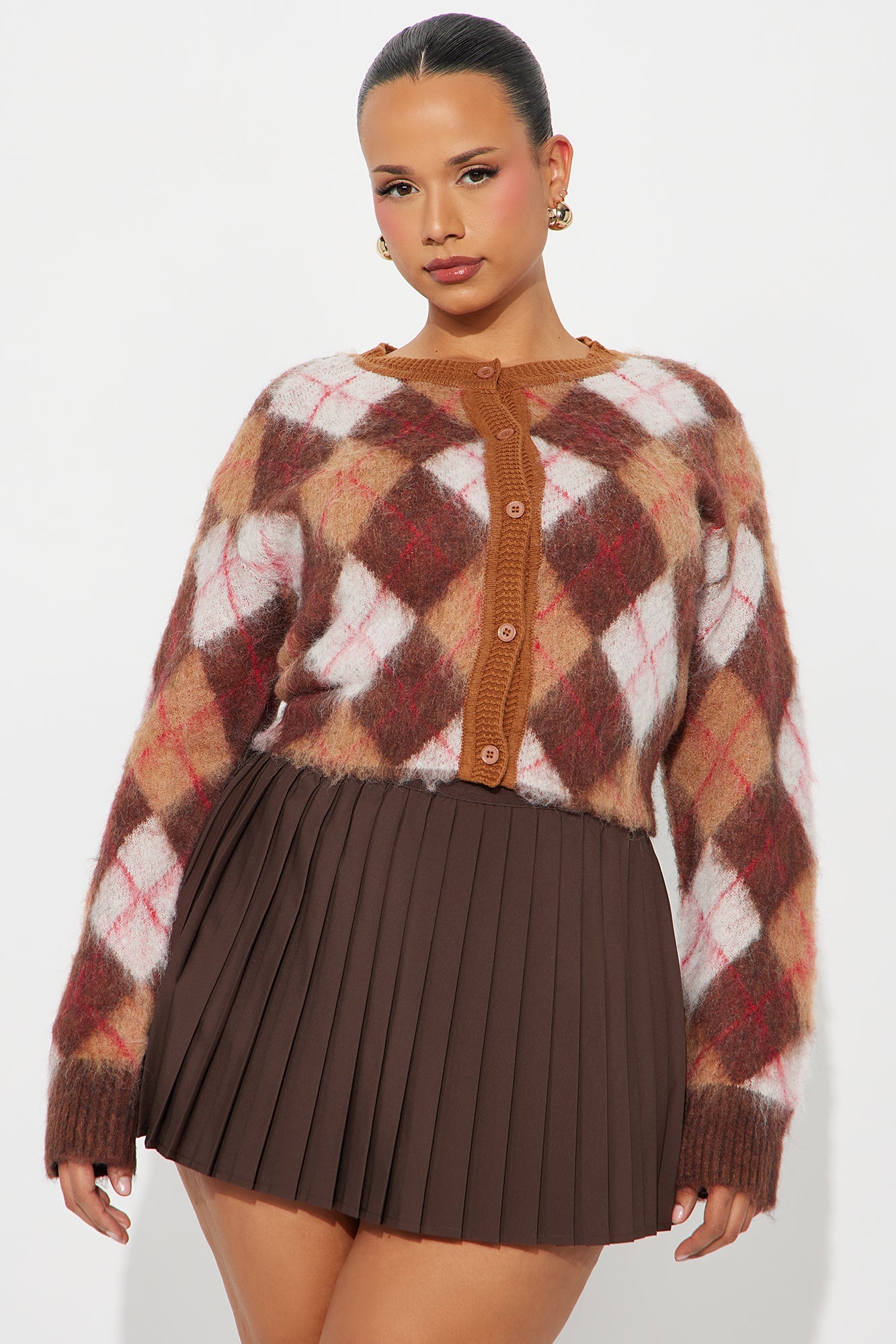 Argyle Babe Fuzzy Cardigan - Taupe/combo