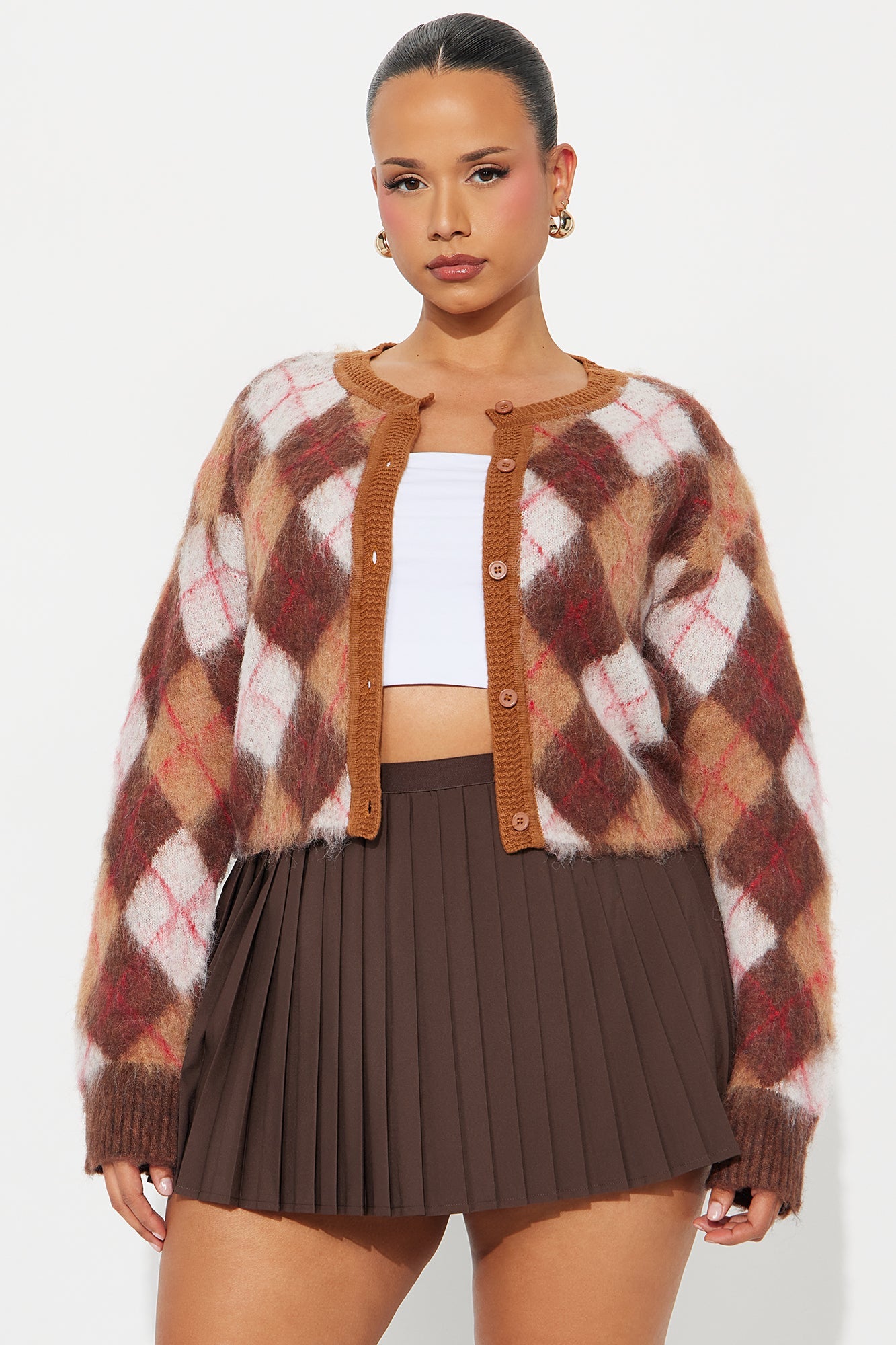 Argyle Babe Fuzzy Cardigan - Taupe/combo